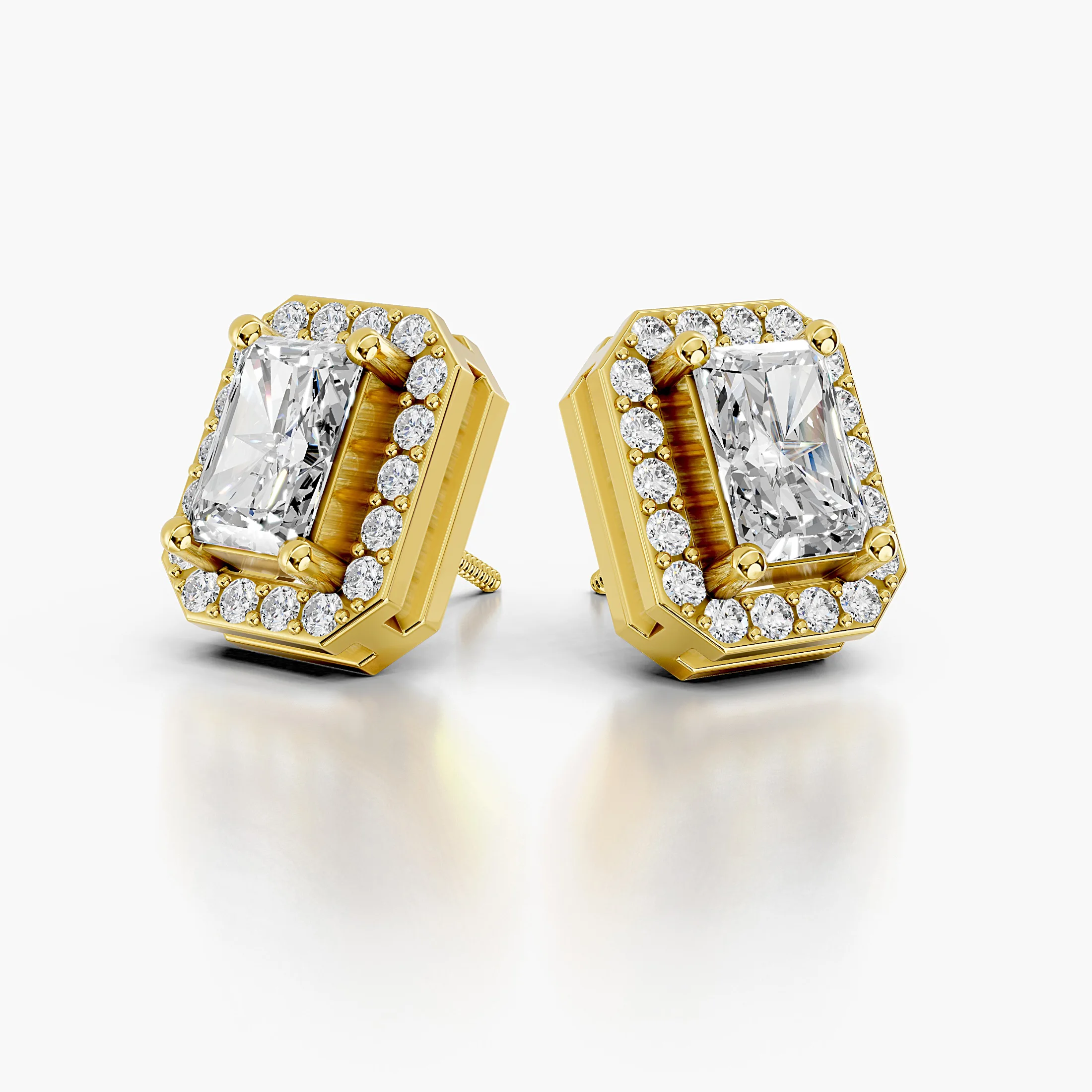 Radiant diamond stud earrings with clipped-corner round diamond halos and screw-back closures