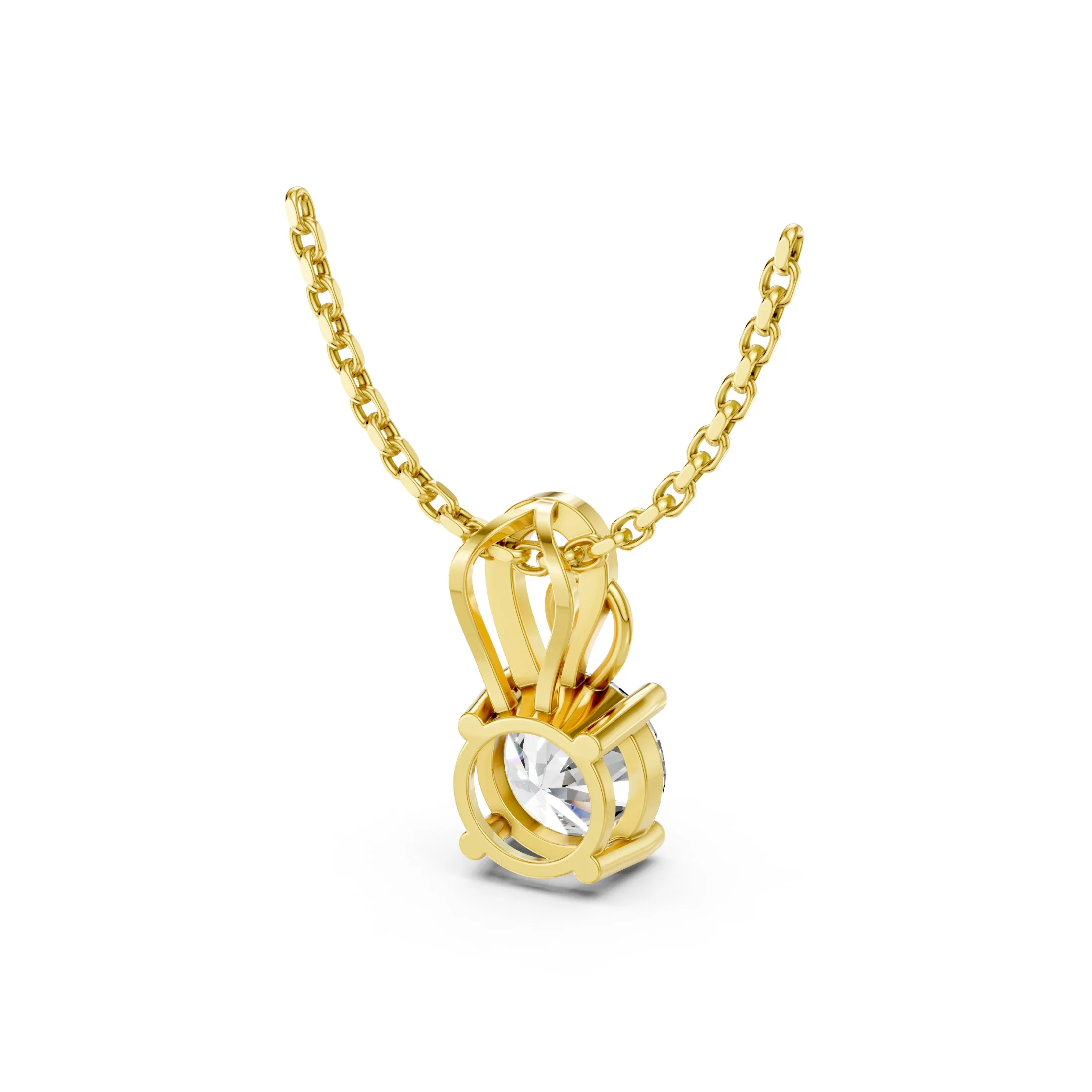Round solitaire diamond necklace with a four-prong setting and an asymmetrical sculptural loop accented with small round diamonds.