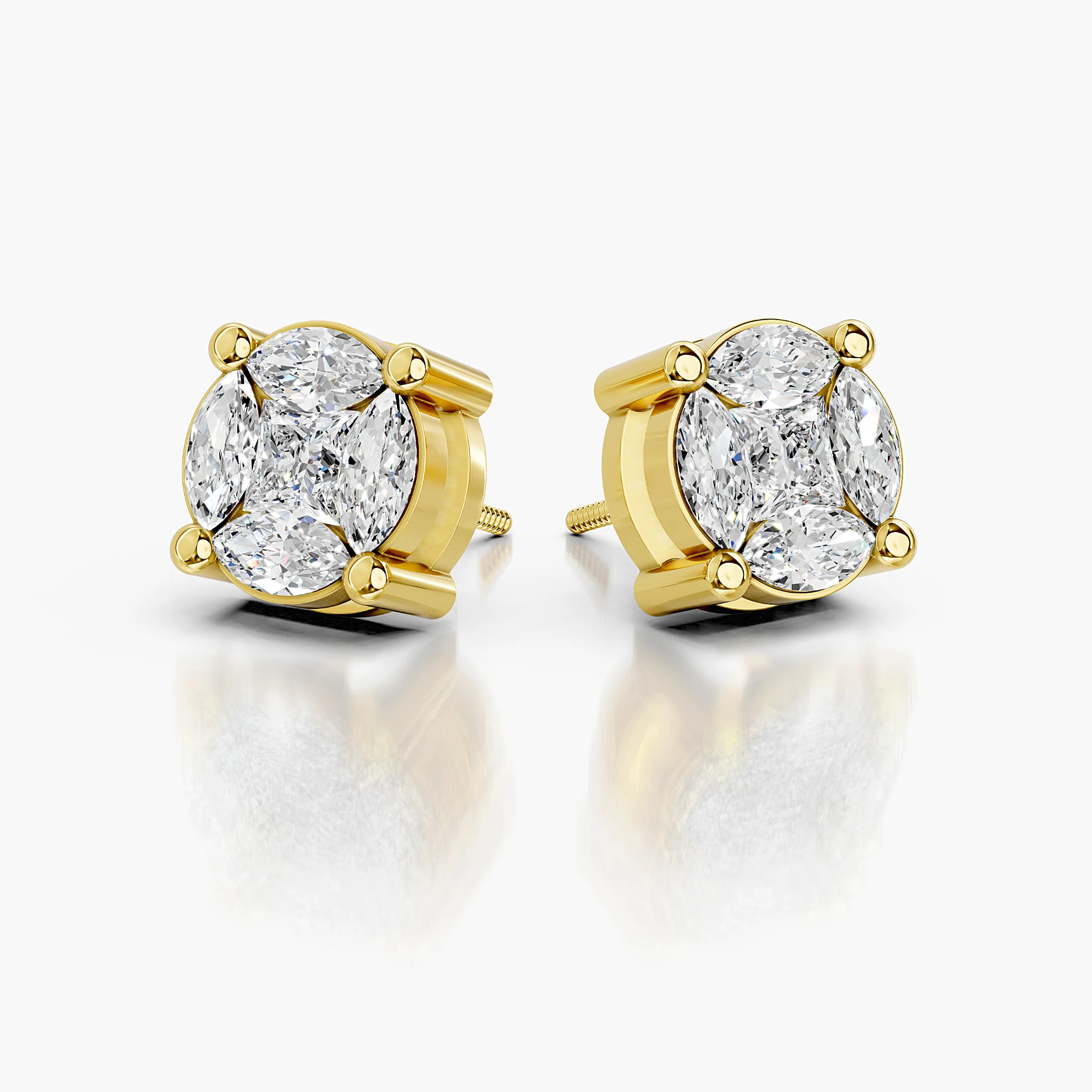 Princess and marquise diamond floral cluster stud earrings with screw-back closures