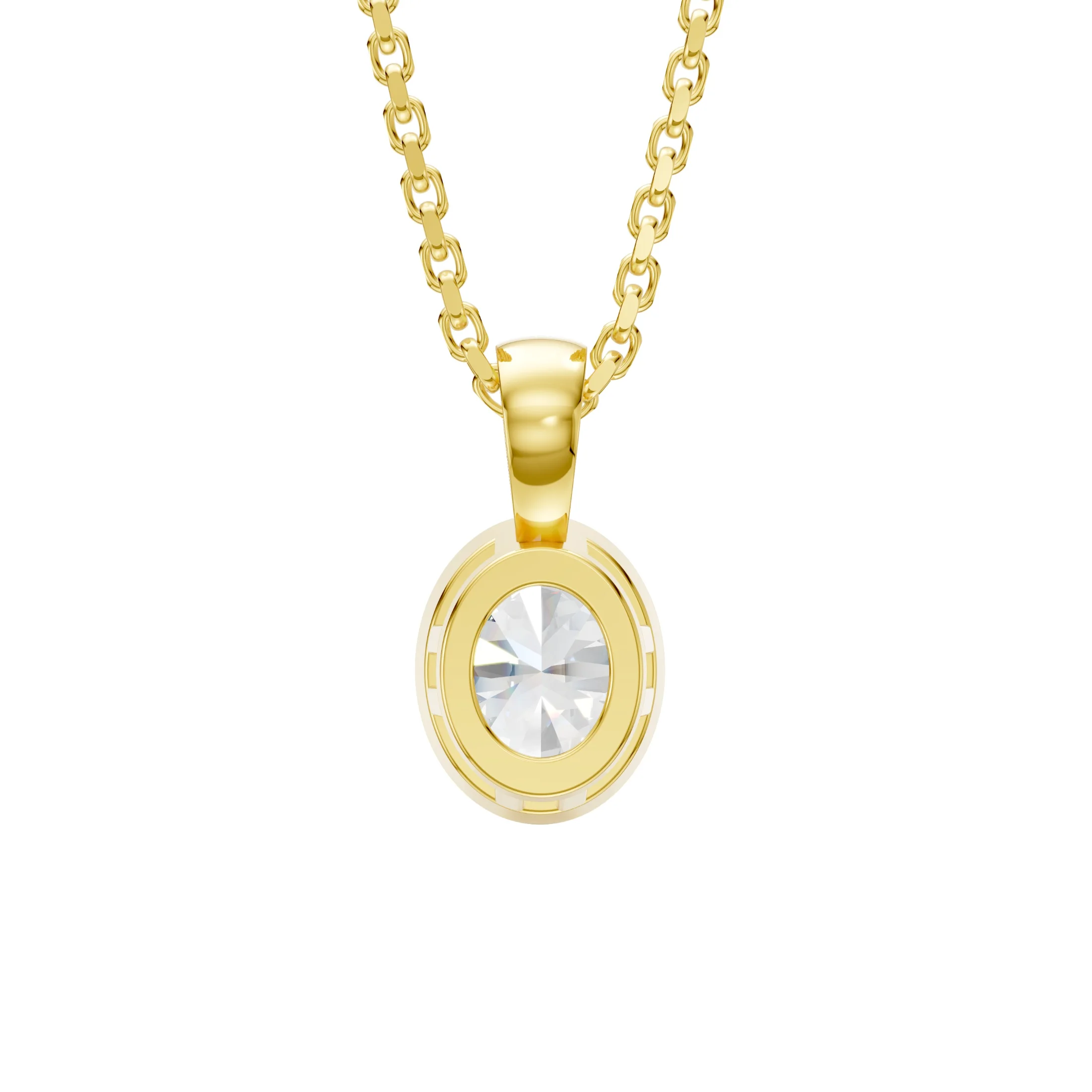Oval solitaire diamond pendant necklace with a smooth full bezel setting and polished rounded bail.