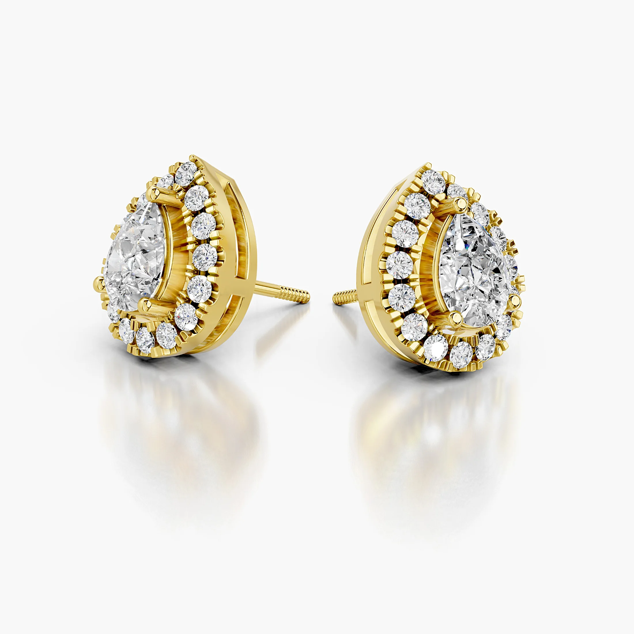 Pear-cut diamond stud earrings surrounded by round diamond halos.