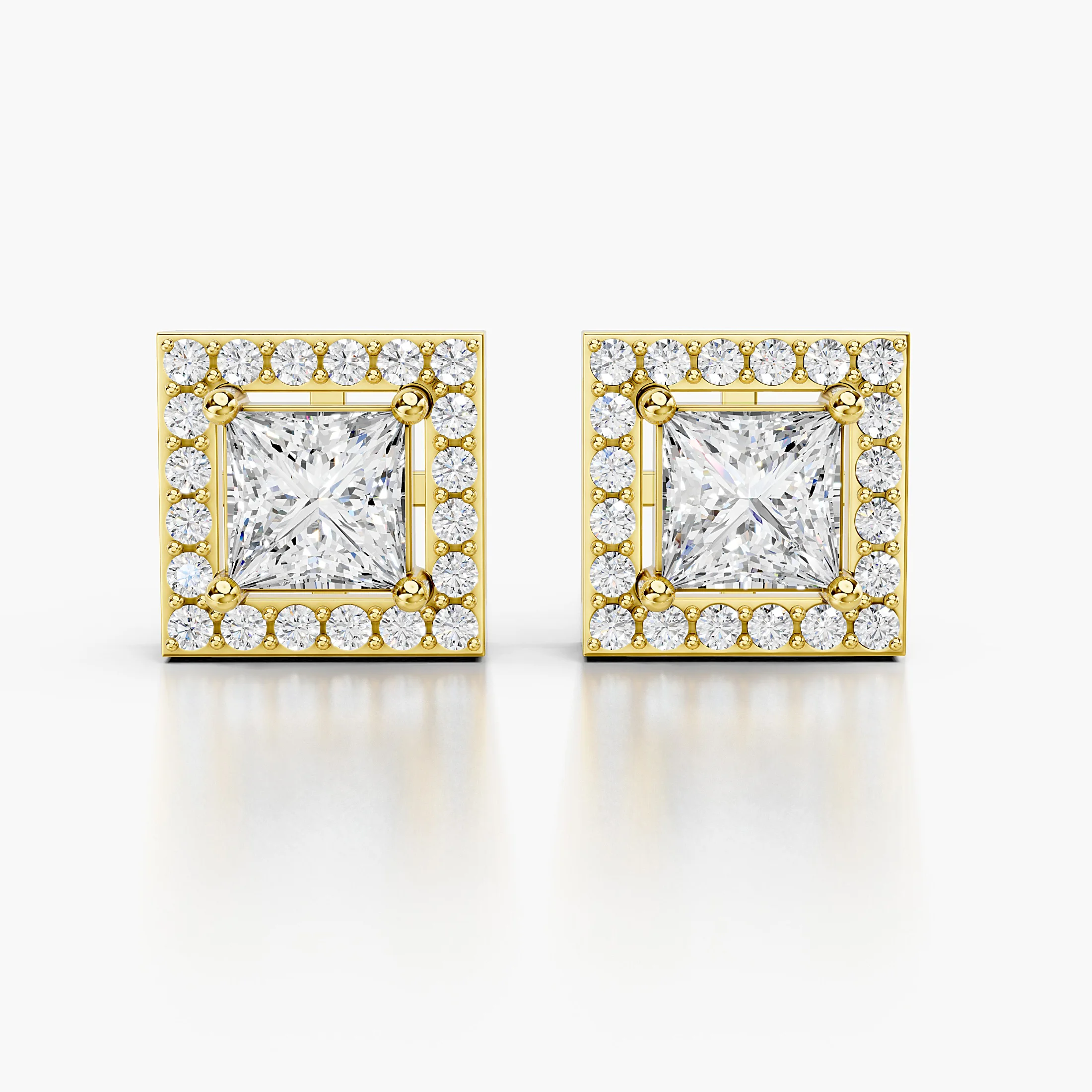 Princess diamond stud earrings with square round diamond halos and screw-back closures