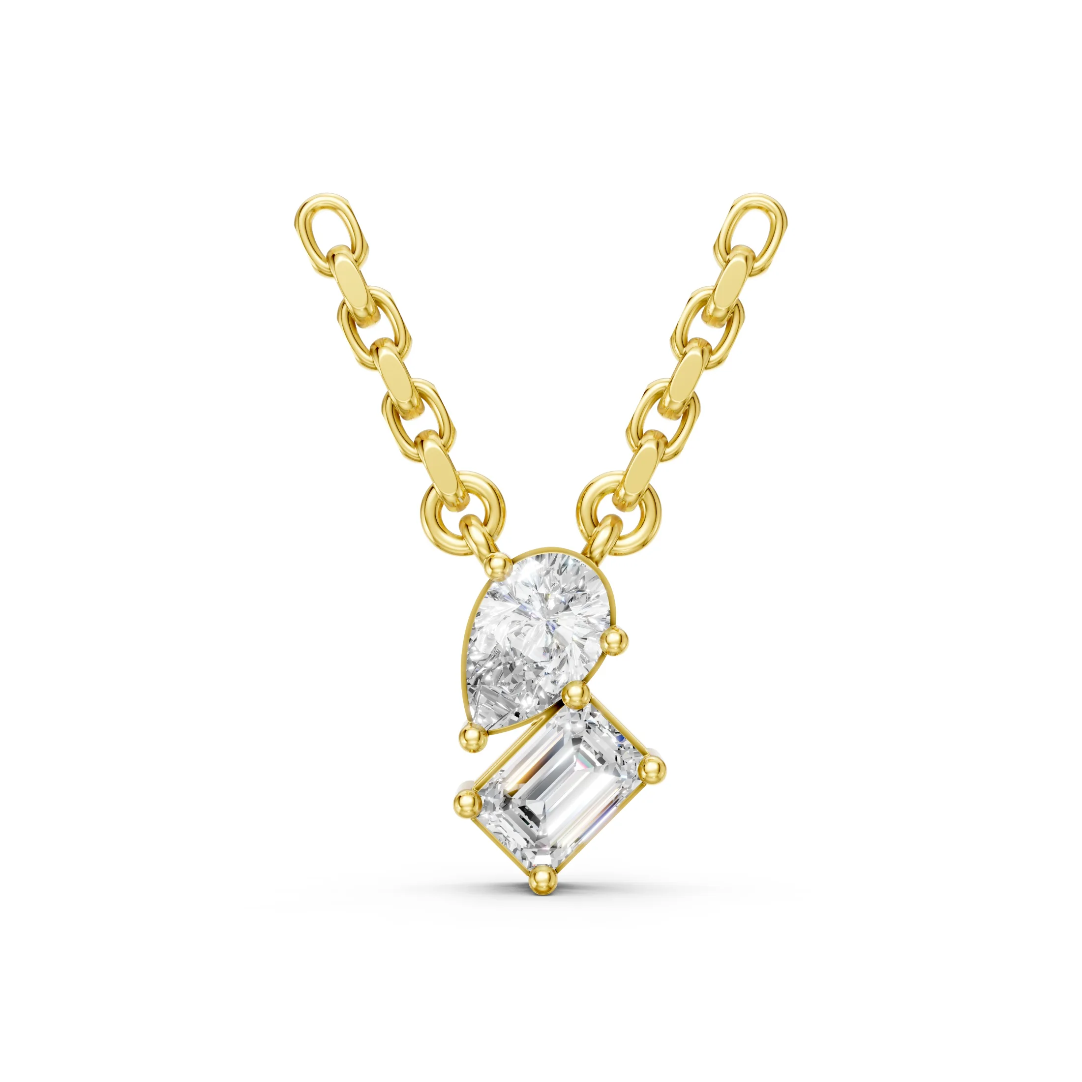 Pear and emerald-cut diamond Toi-Et-Moi necklace with a vertical two-stone arrangement and individual prong settings.