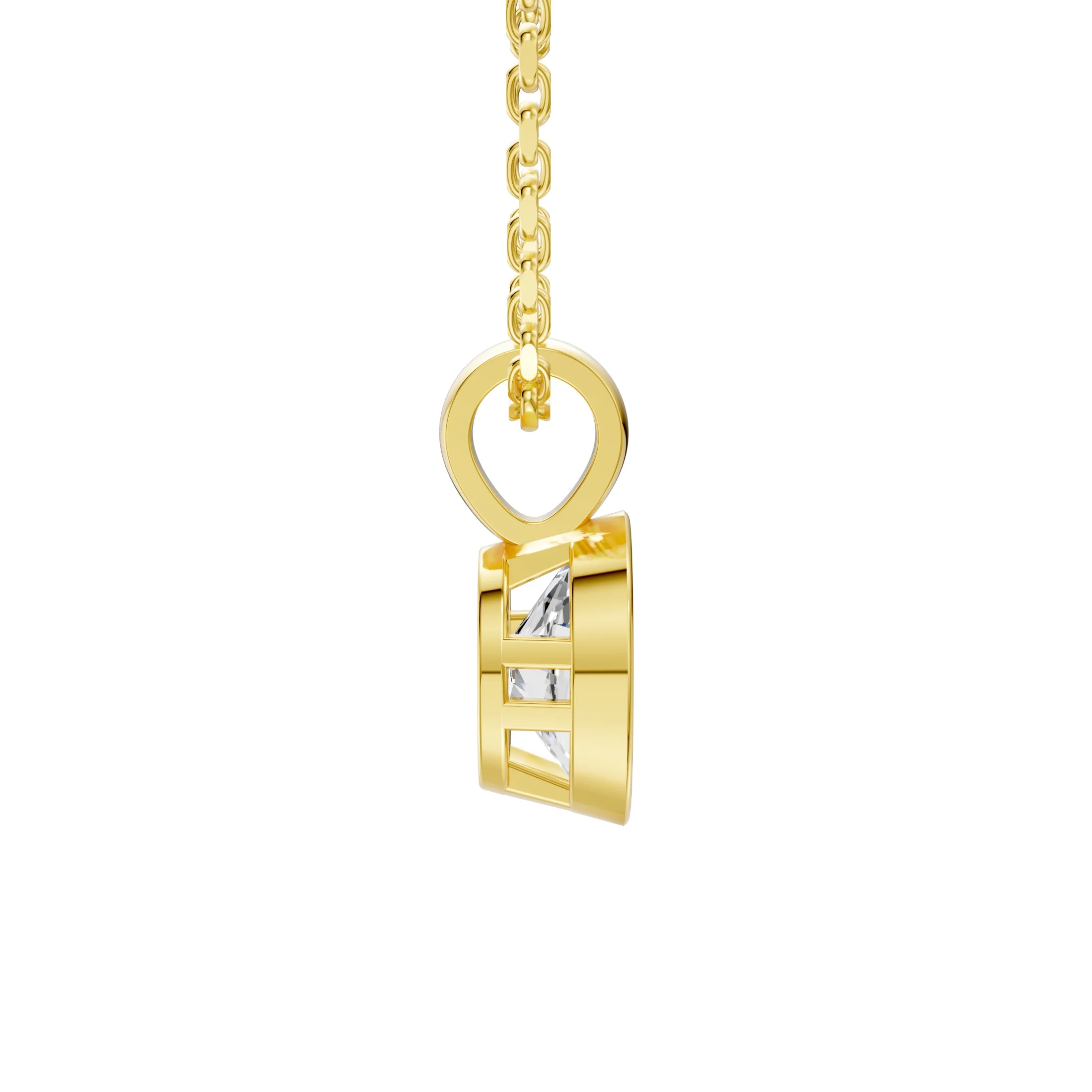 Oval solitaire diamond pendant necklace with a smooth full bezel setting and polished rounded bail.