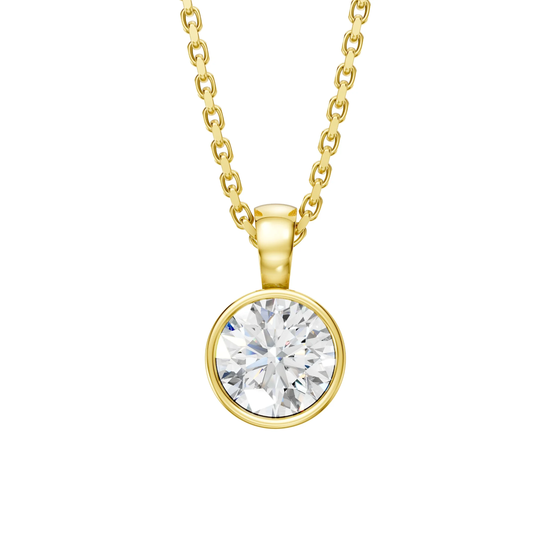 Round solitaire diamond pendant necklace with a smooth full bezel setting and polished rounded bail.
