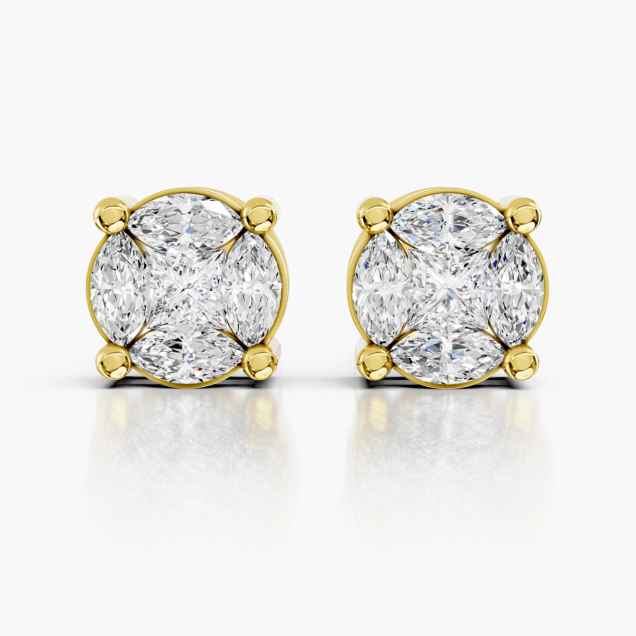 Princess and marquise diamond floral cluster stud earrings with screw-back closures