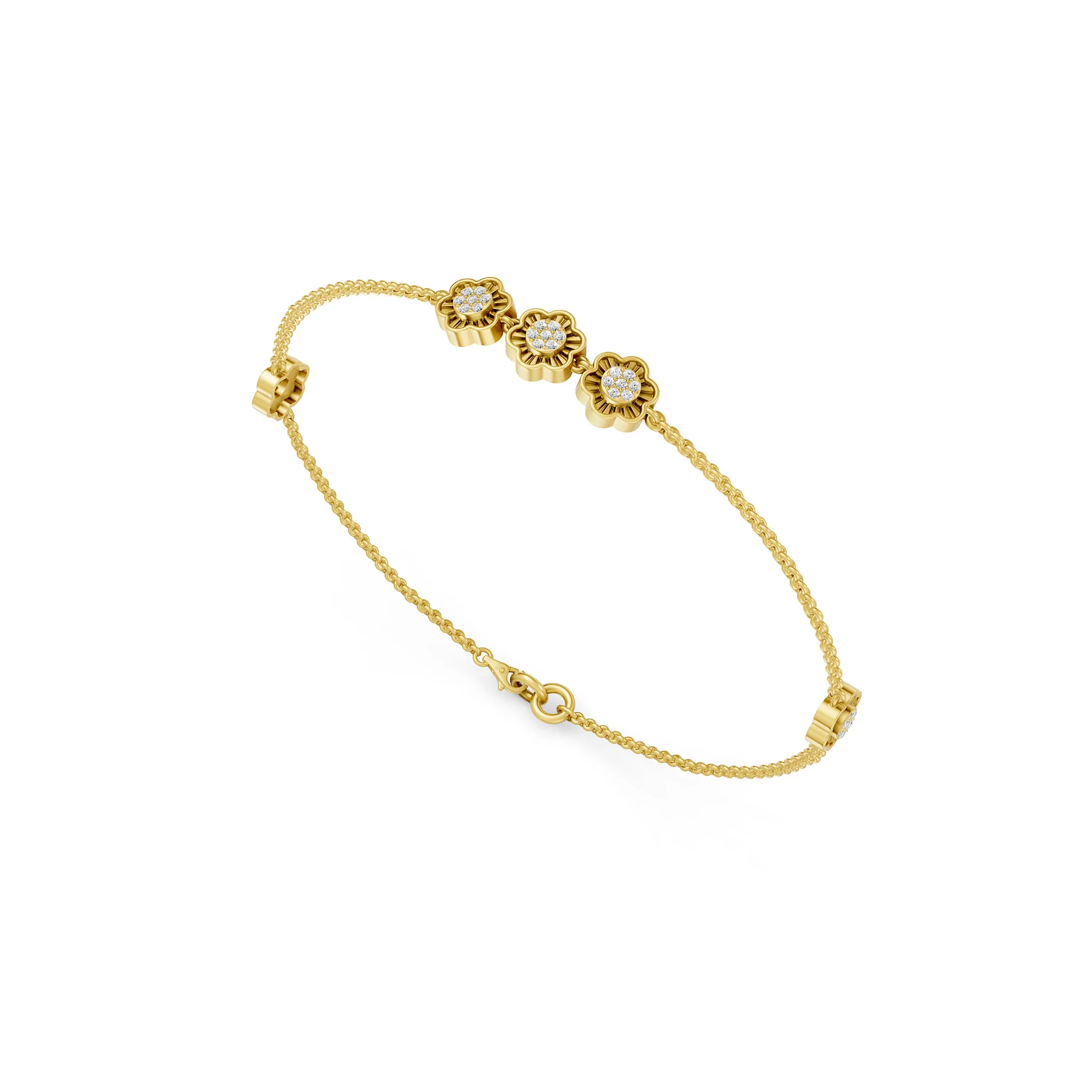 Delicate chain bracelet with five flower motifs and round-diamond clusters