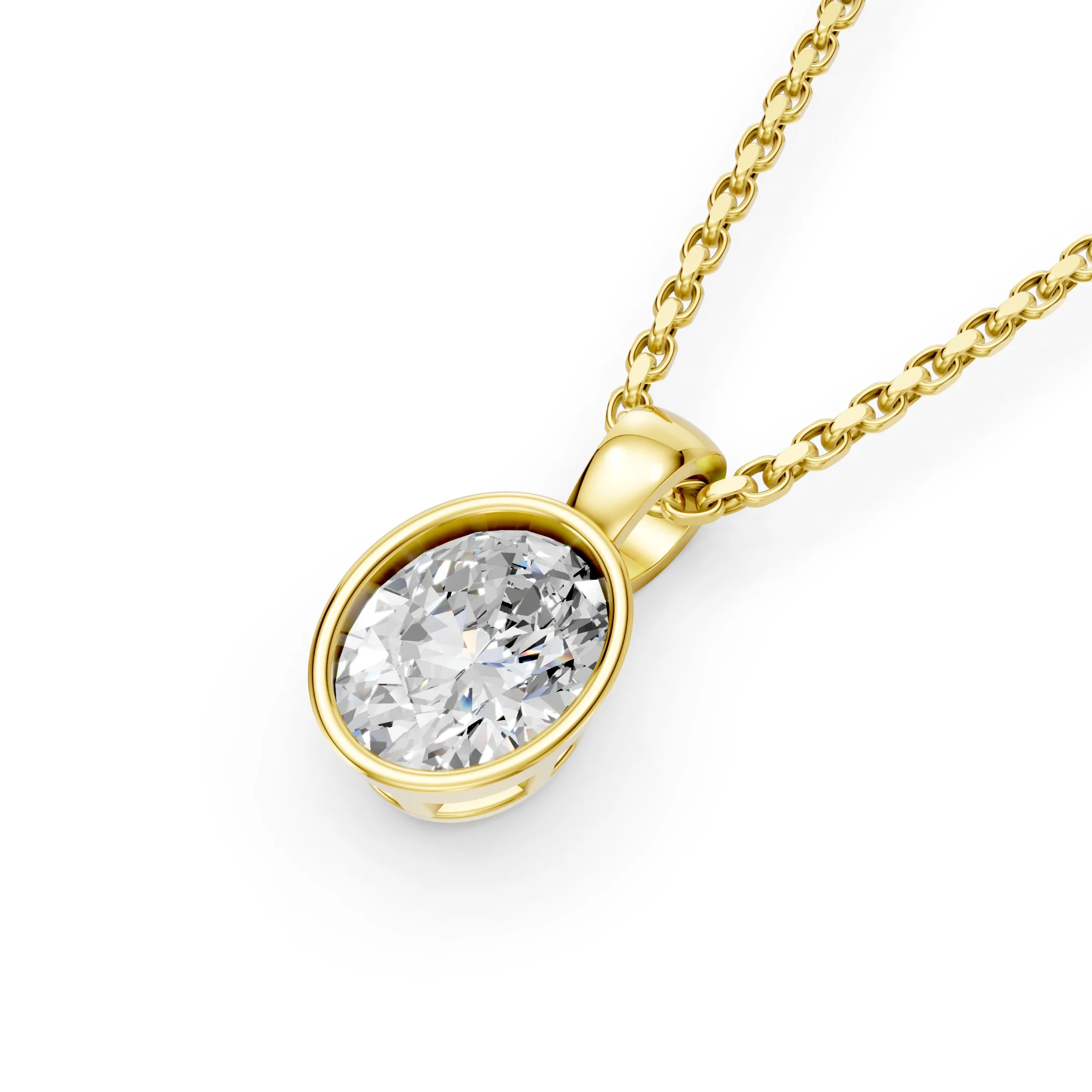 Oval solitaire diamond pendant necklace with a smooth full bezel setting and polished rounded bail.