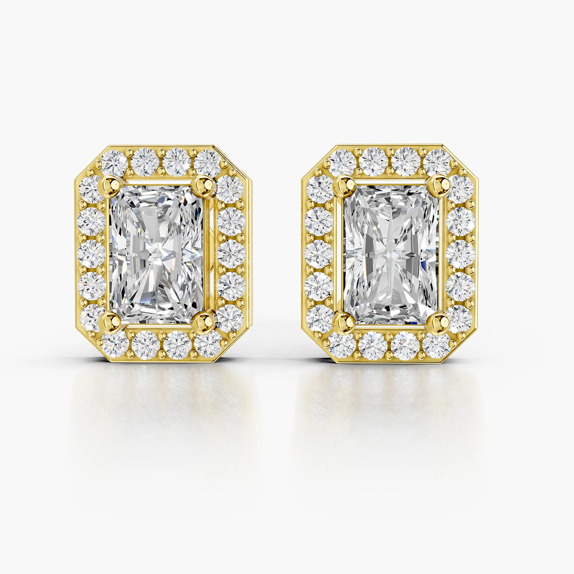 Radiant diamond stud earrings with clipped-corner round diamond halos and screw-back closures