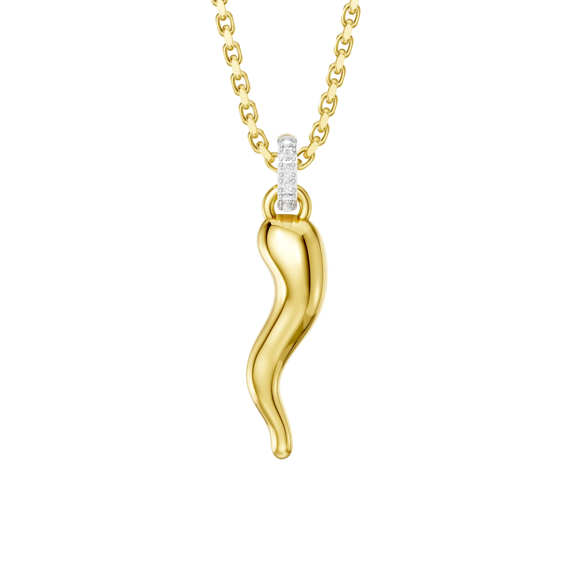 Sculptural curved horn pendant necklace with a polished finish and pavé-set diamond bail.