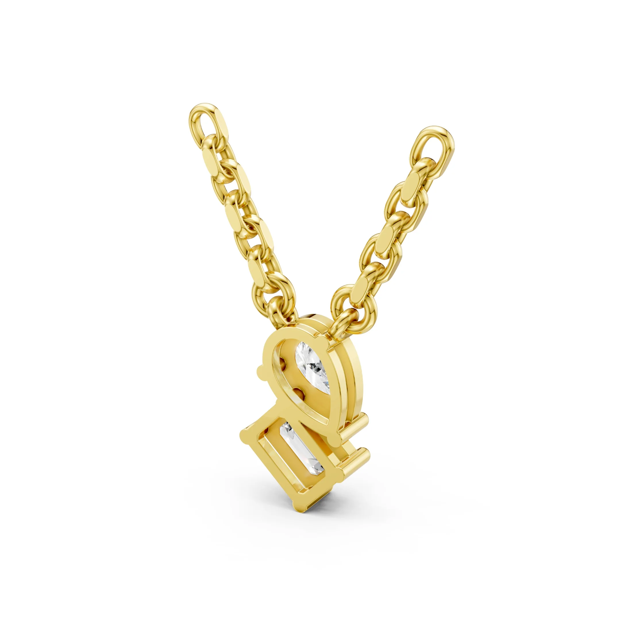 Pear and emerald-cut diamond Toi-Et-Moi necklace with a vertical two-stone arrangement and individual prong settings.