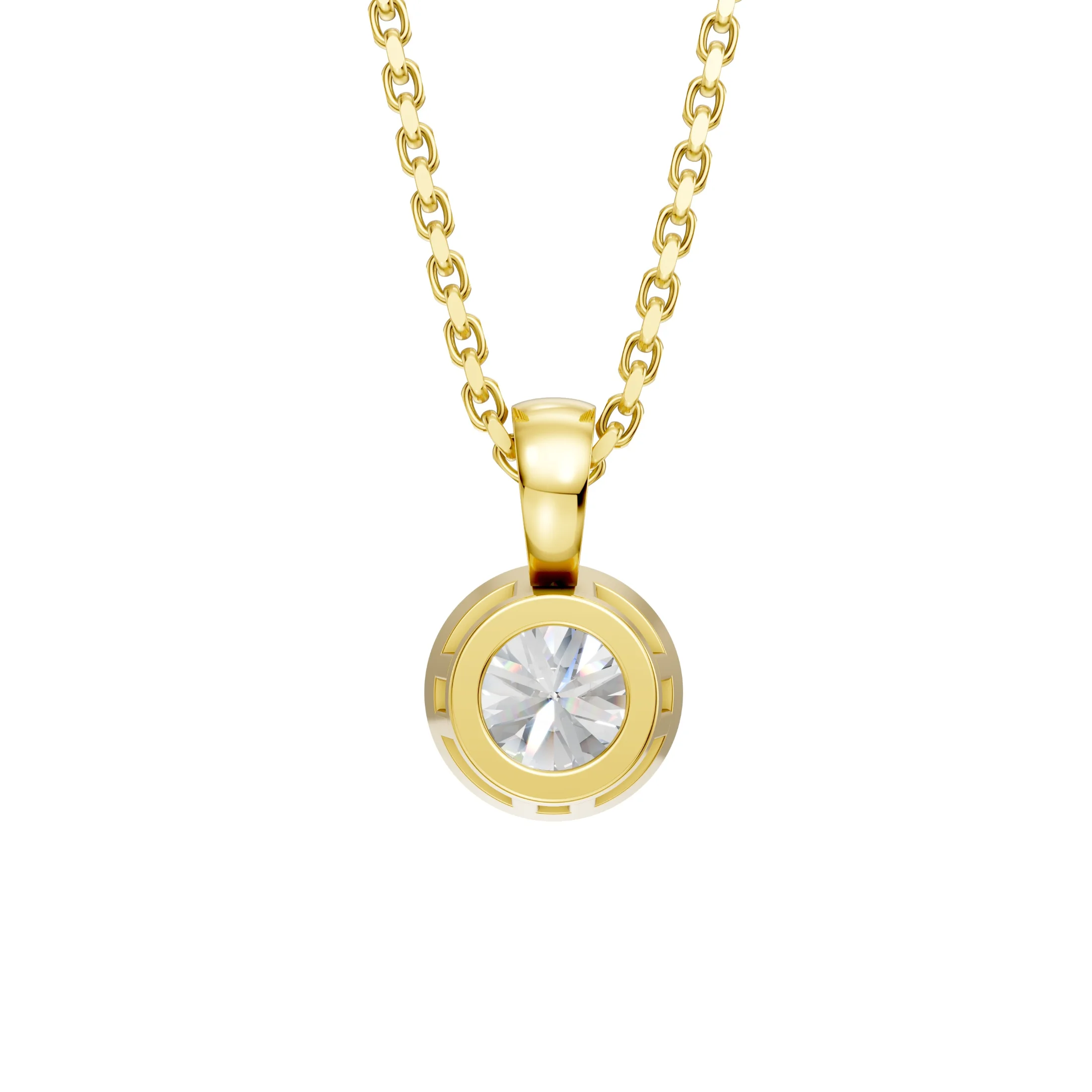 Round solitaire diamond pendant necklace with a smooth full bezel setting and polished rounded bail.