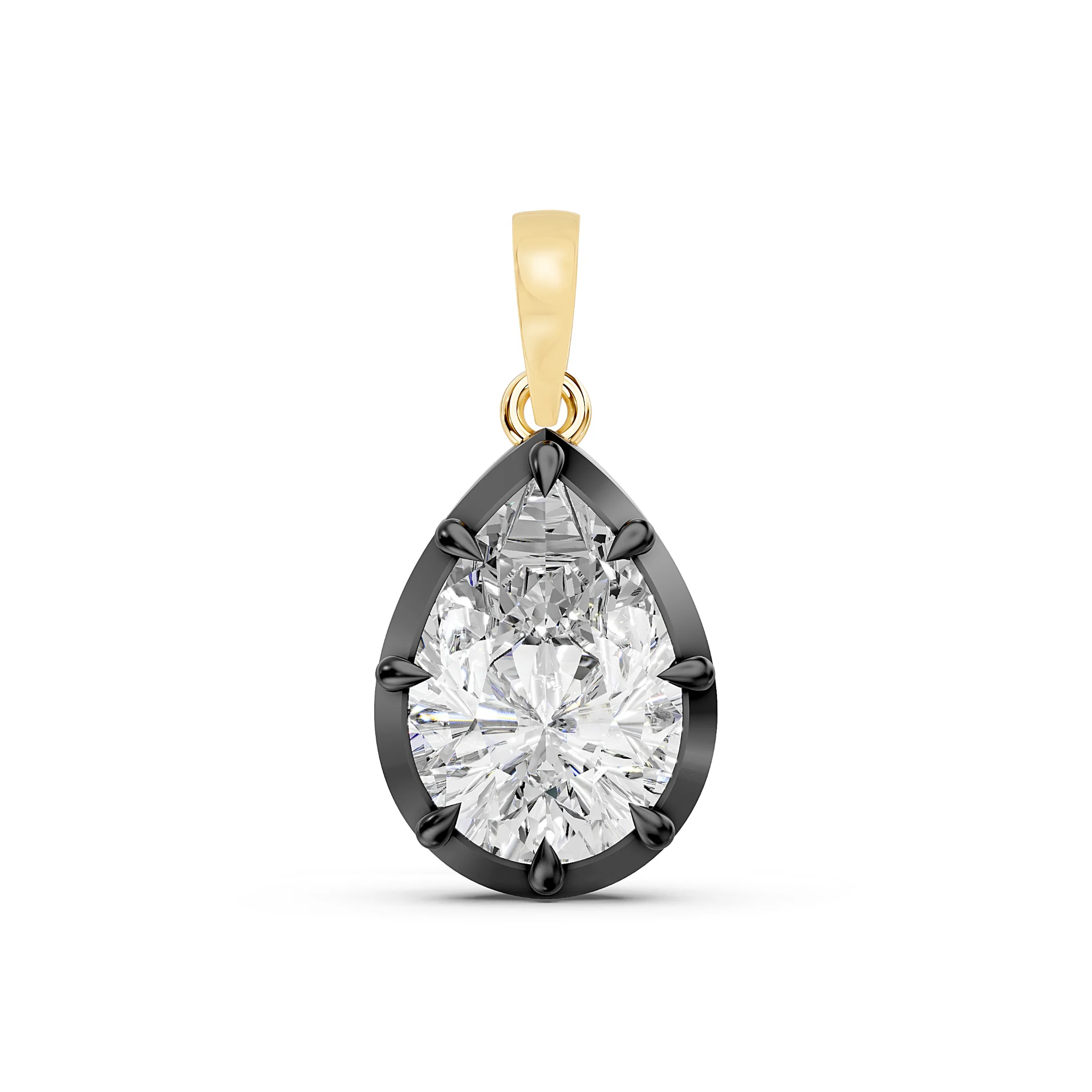 Pear-shaped solitaire diamond necklace featuring a dark teardrop frame and polished tapered bail.
