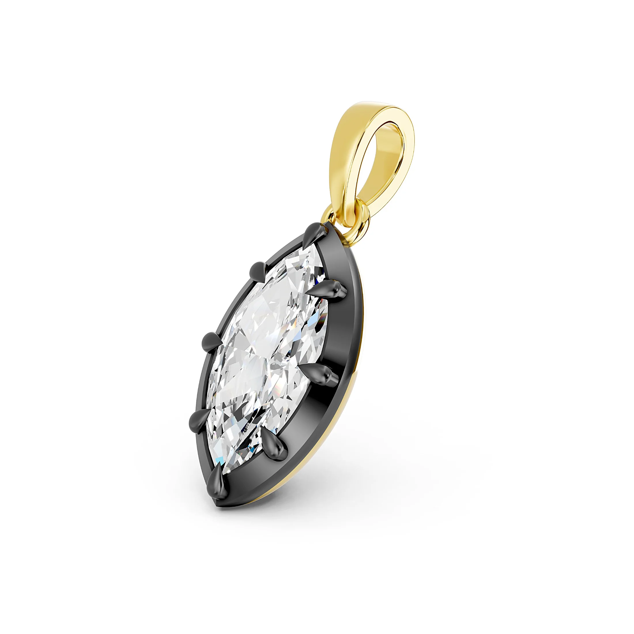 Marquise solitaire diamond necklace featuring a dark contrasting frame and polished tapered bail.