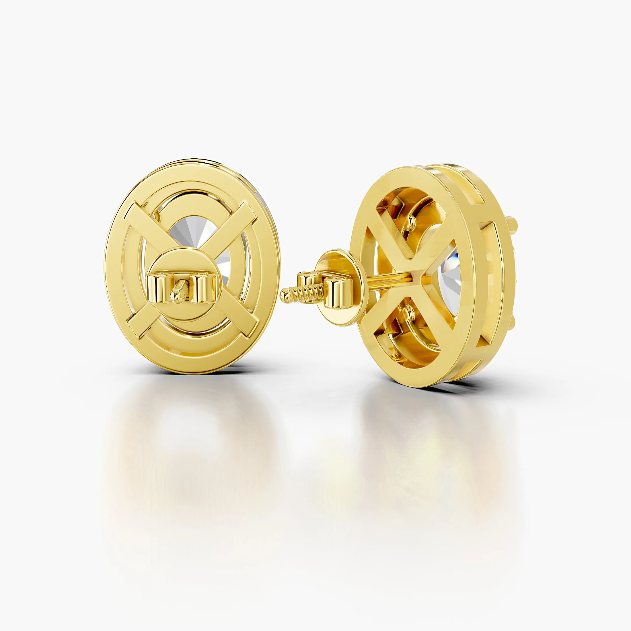 Oval diamond stud earrings with continuous round diamond halos and screw-back closures