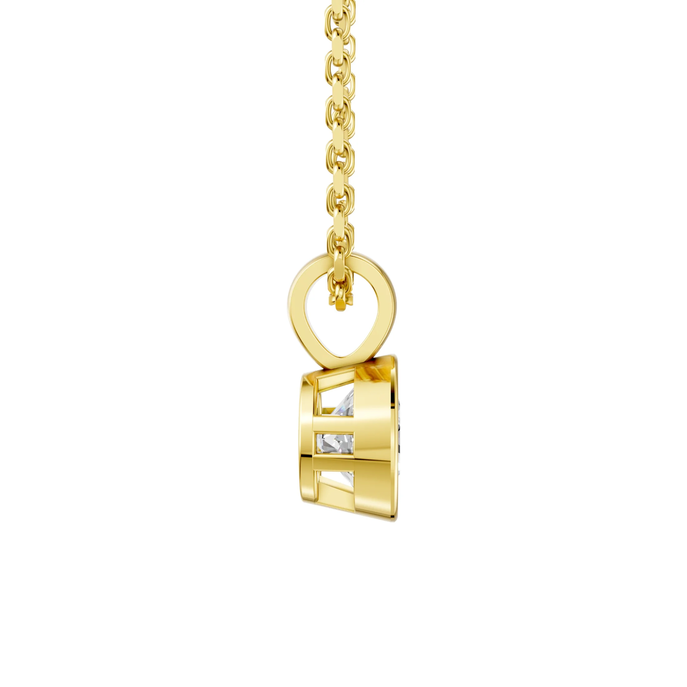 Round solitaire diamond pendant necklace with a smooth full bezel setting and polished rounded bail.