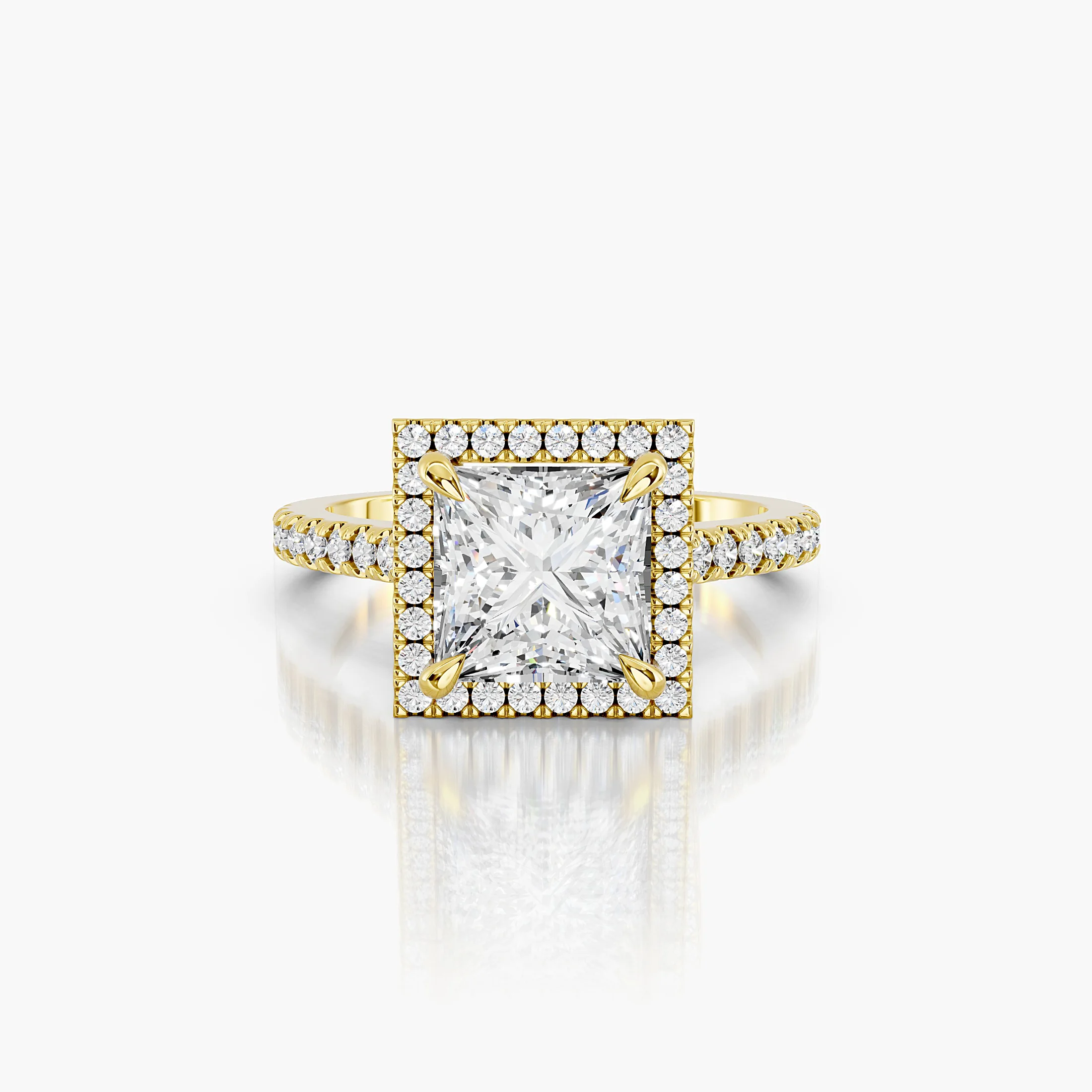 Princess-cut lab-grown diamond engagement ring with a square halo and diamond-set band.