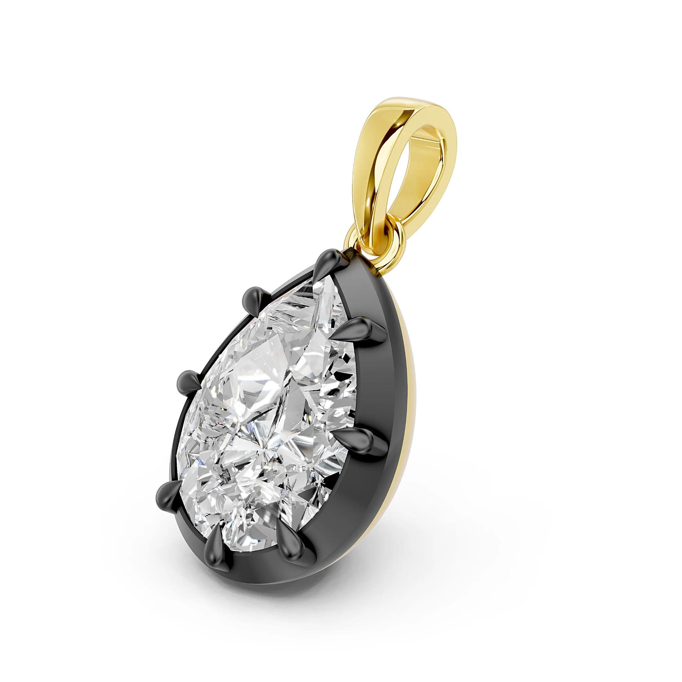 Pear-shaped solitaire diamond necklace featuring a dark teardrop frame and polished tapered bail.