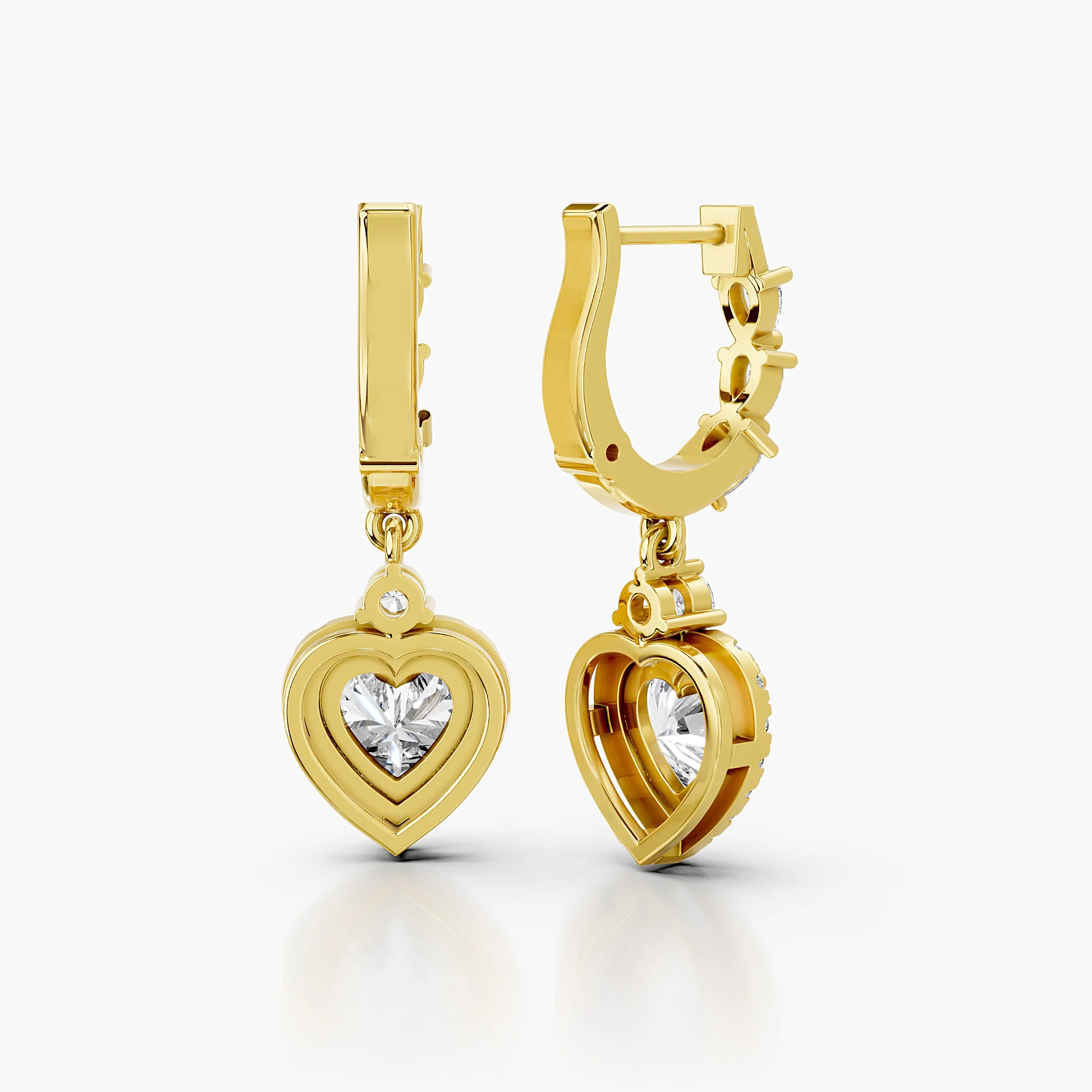 Heart diamond halo drop earrings with graduated pear and round diamond links.