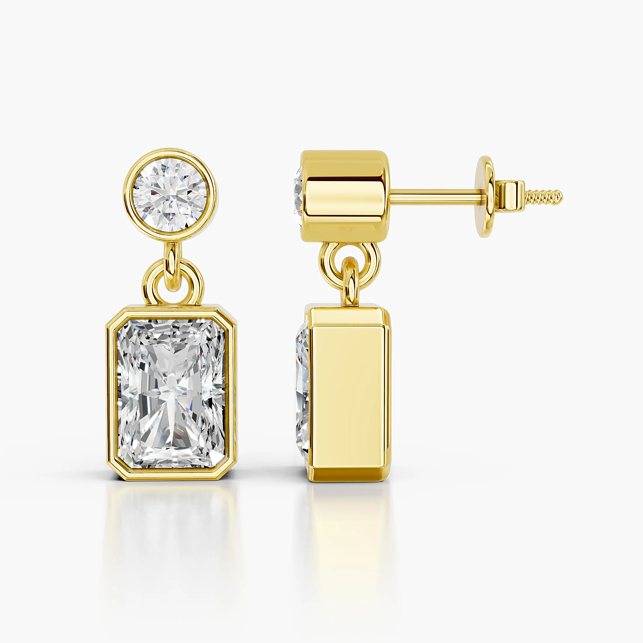Radiant-cut and round diamond bezel drop earrings with articulated connectors.