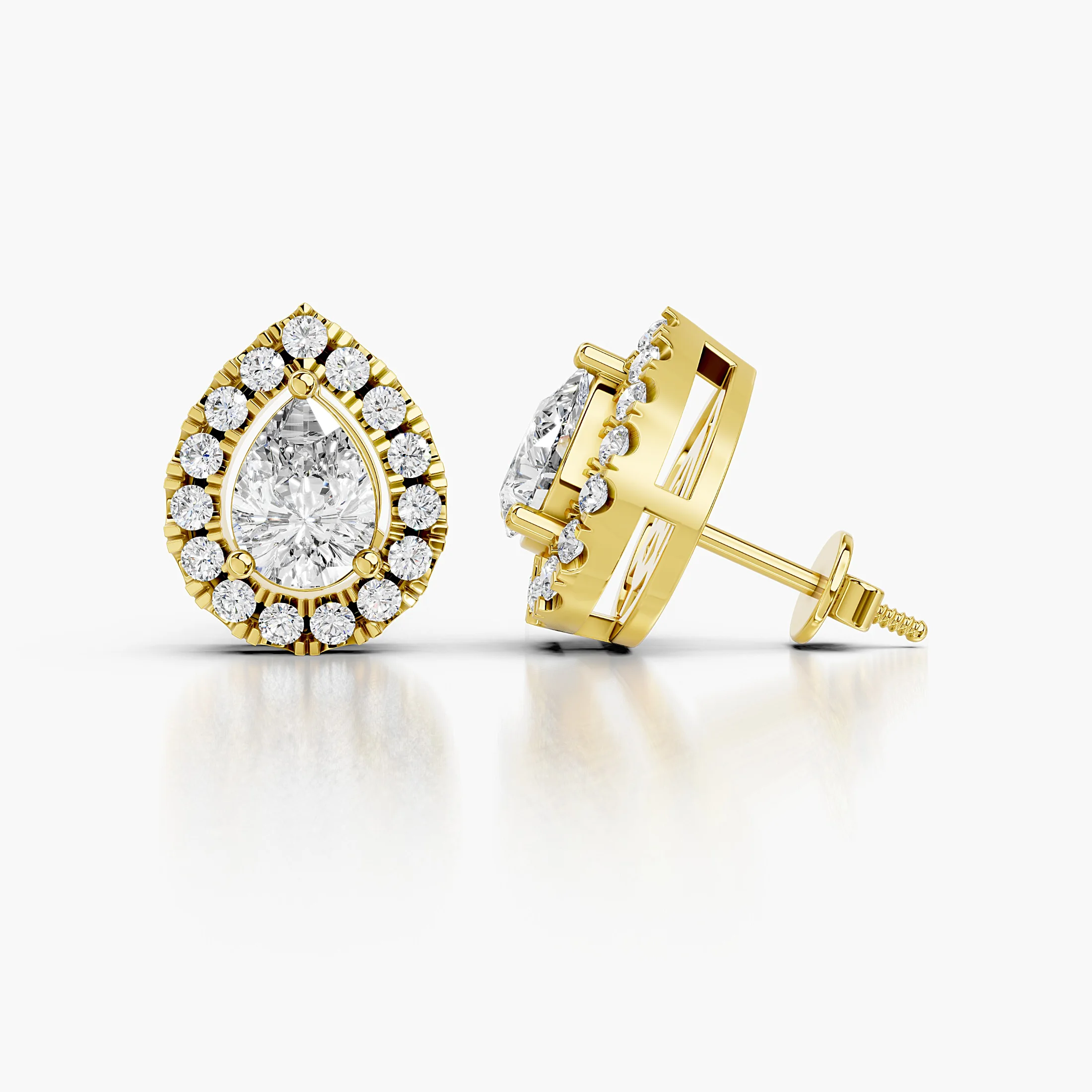 Pear-cut diamond stud earrings surrounded by round diamond halos.