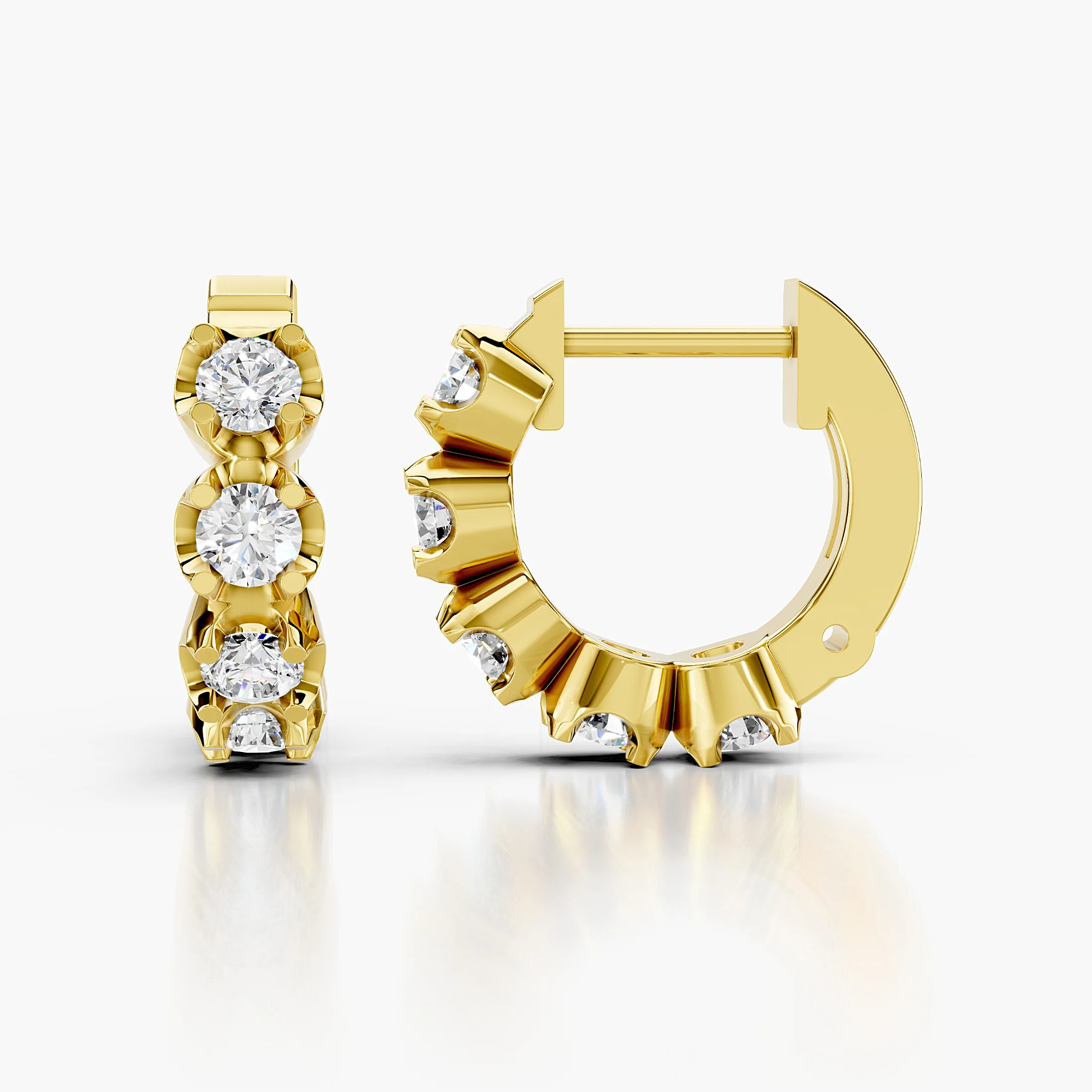 Round diamond five-stone huggie earrings with four-prong settings.