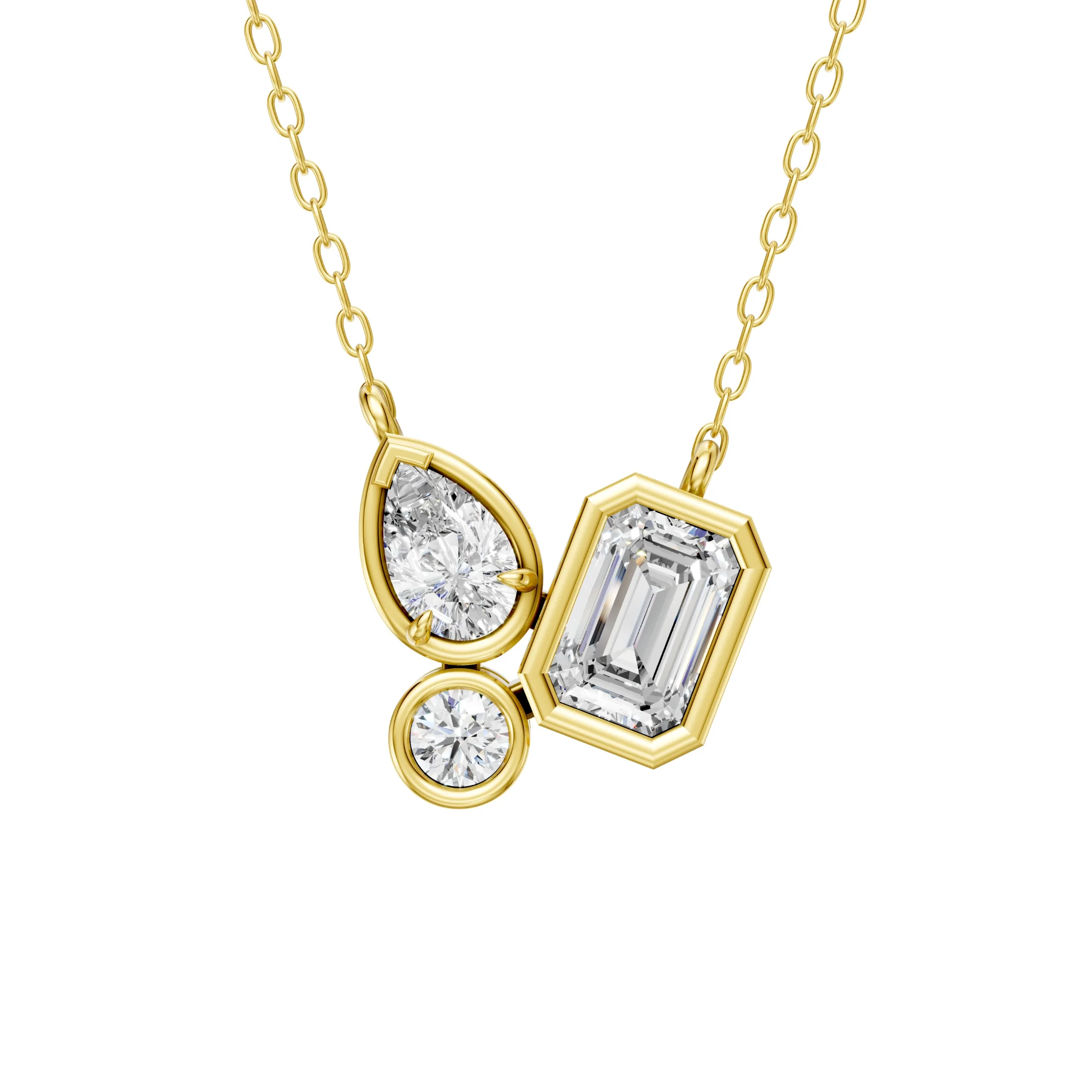 Pear, emerald and round-cut three-diamond necklace with an asymmetrical multi-stone cluster design