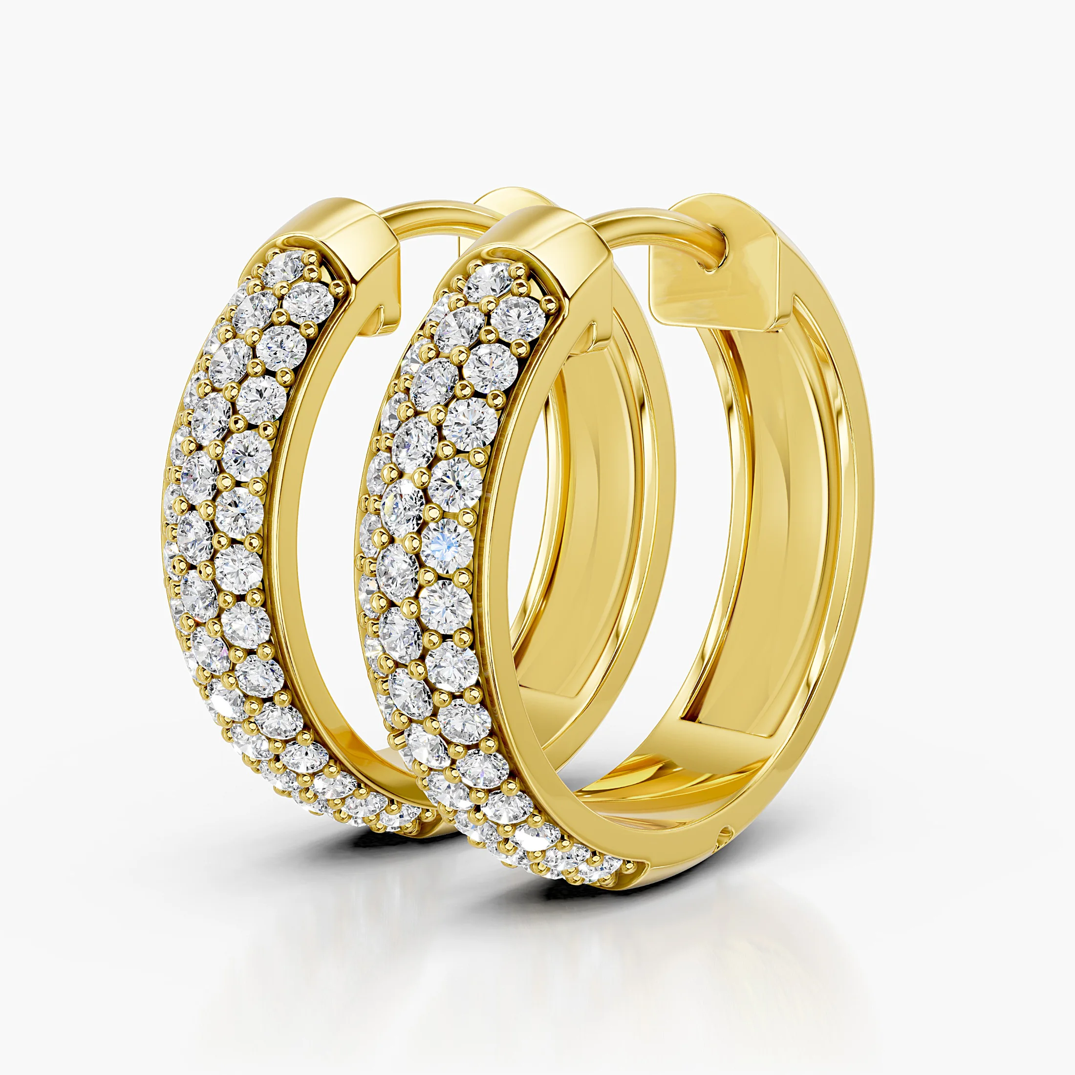 Wide diamond hoop earrings with three rows of round stones and polished borders.