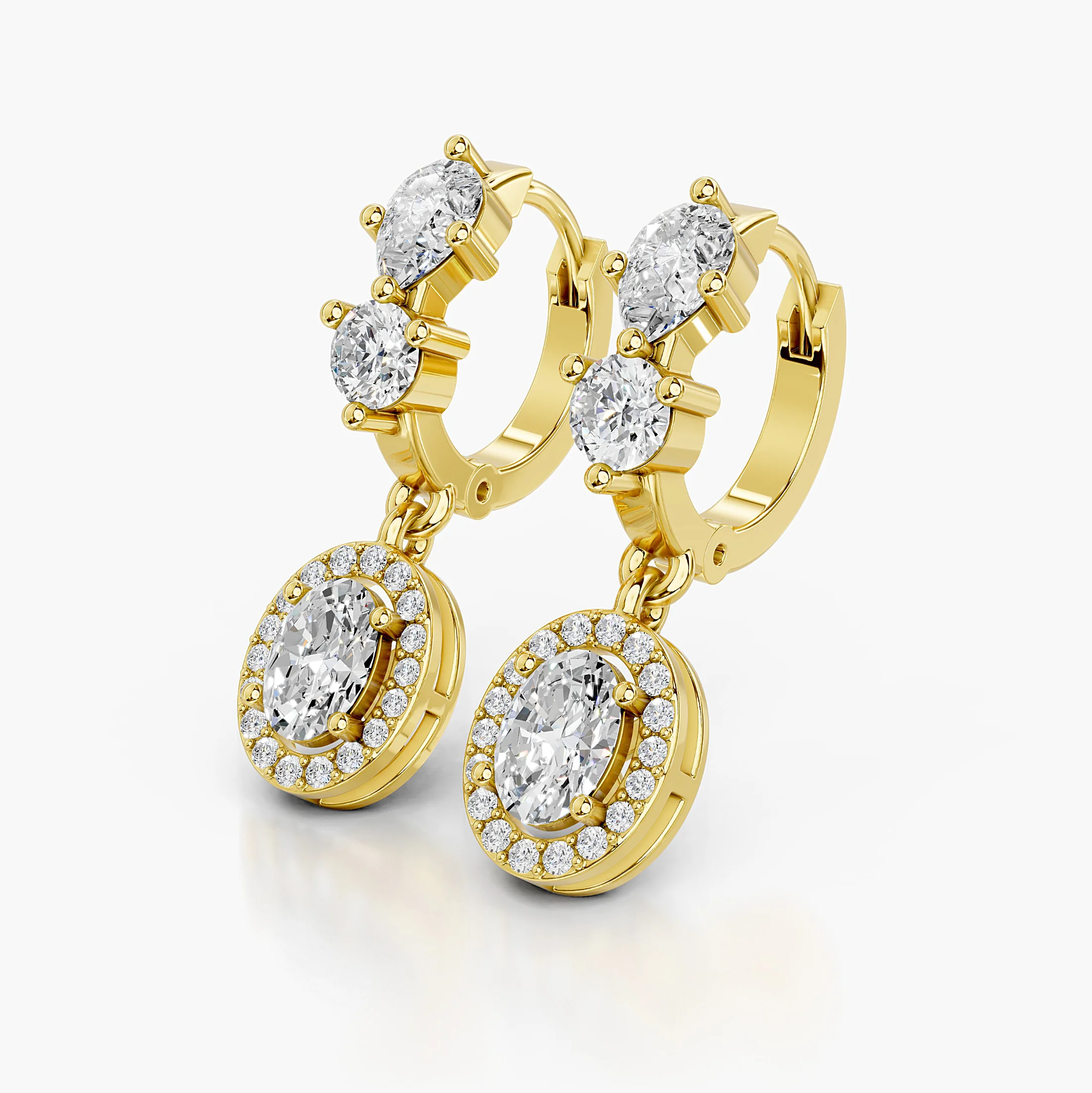 Pair of multi-shape diamond drop earrings with oval halo pendants and articulated hoop tops.