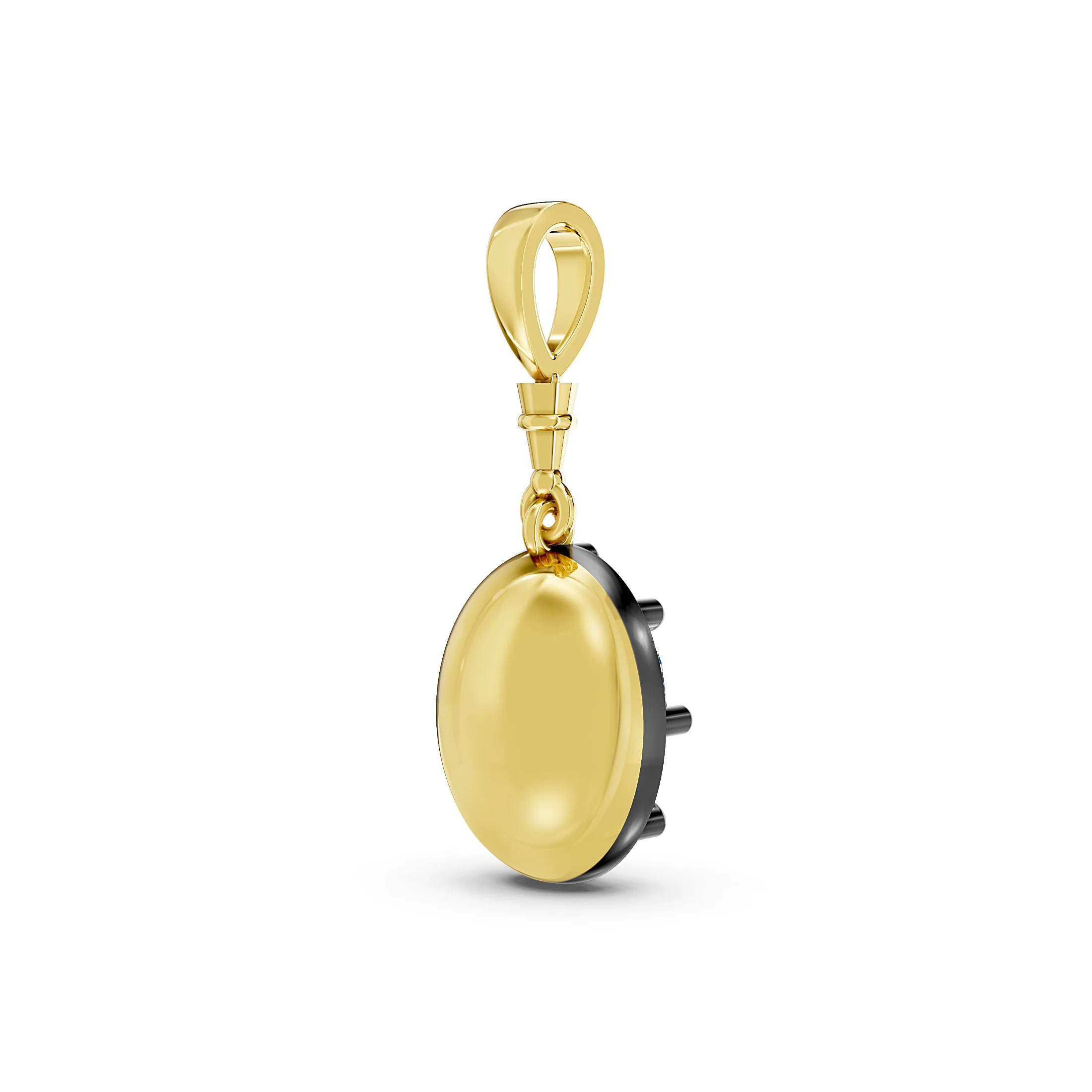 Oval solitaire diamond pendant with eight sculpted prongs, a contrasting frame and tapered articulated bail.