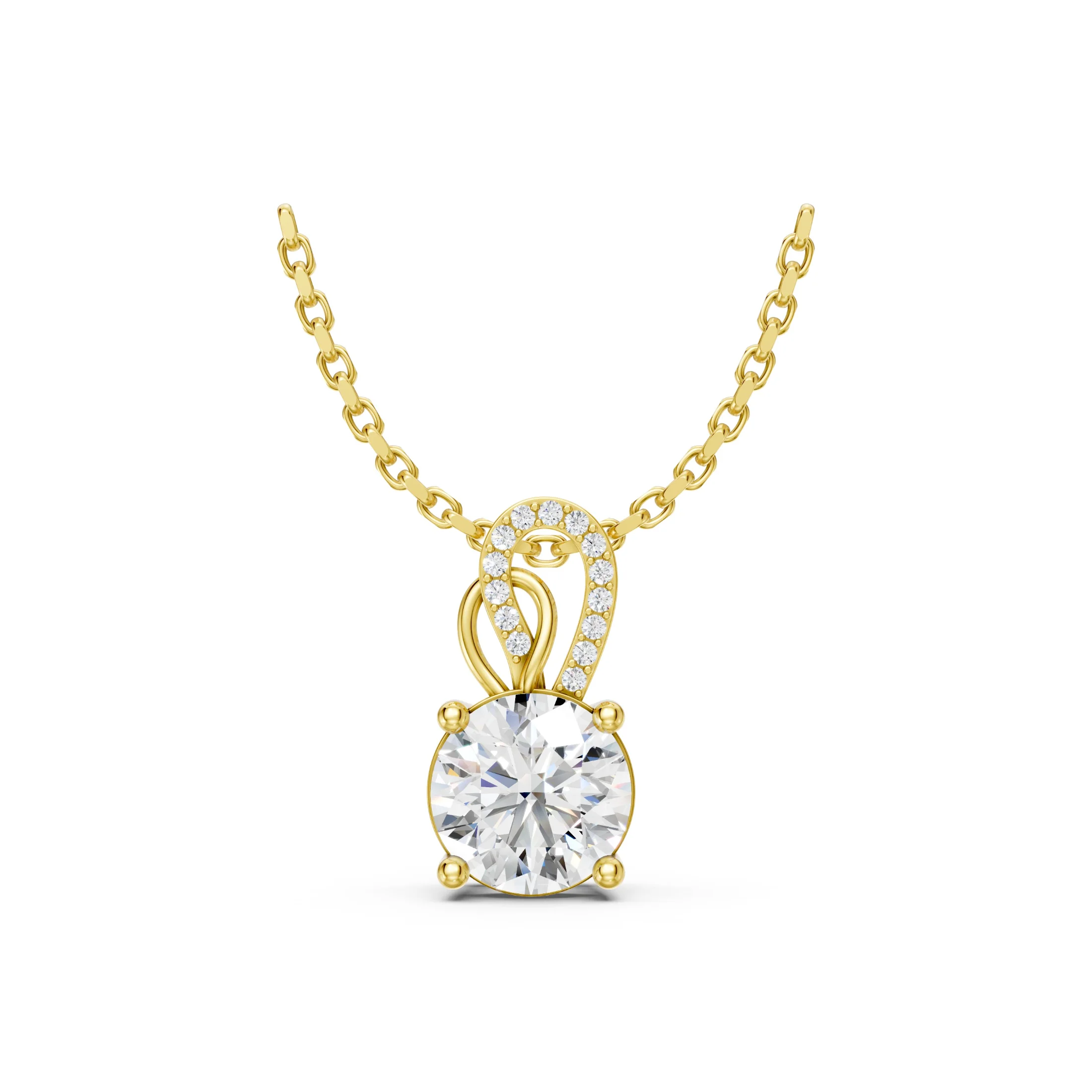 Round solitaire diamond necklace with a four-prong setting and an asymmetrical sculptural loop accented with small round diamonds.