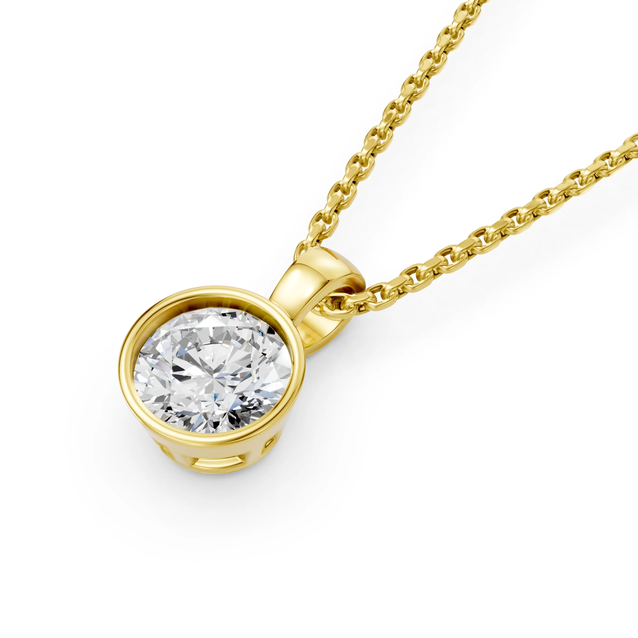 Round solitaire diamond pendant necklace with a smooth full bezel setting and polished rounded bail.