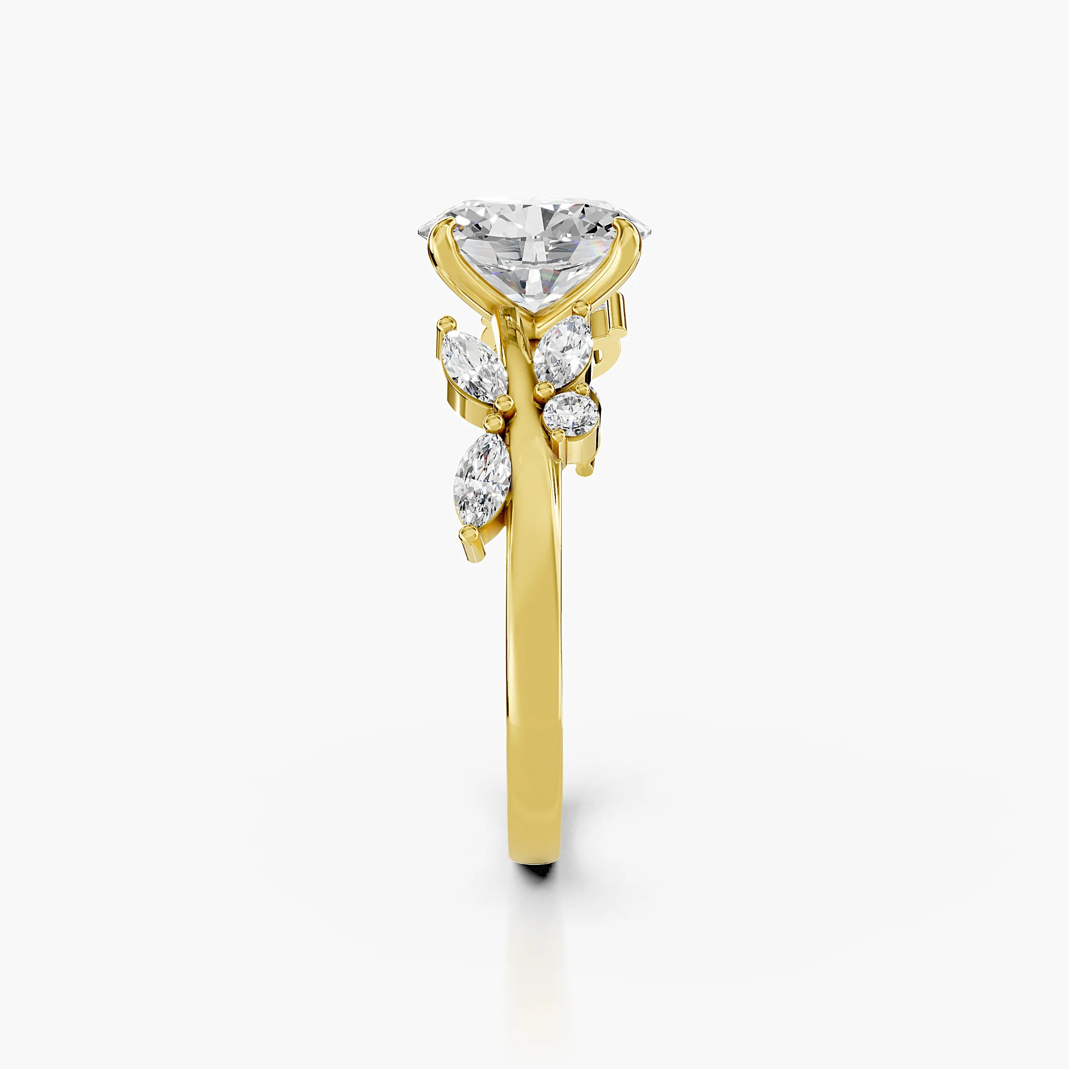 Oval diamond ring with marquise and round diamond leaf accents on an open vine-inspired band.