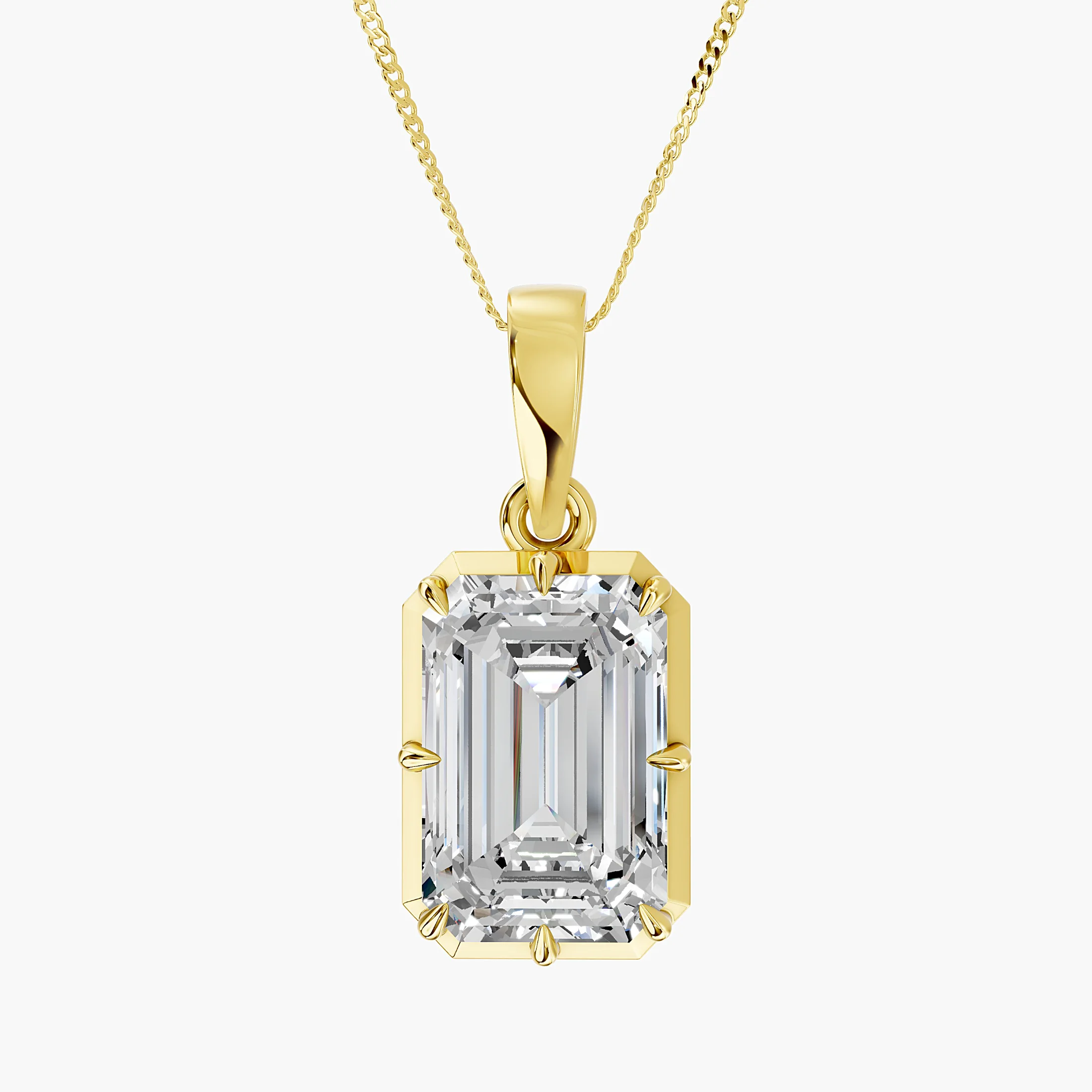 Emerald-cut solitaire diamond pendant necklace with an eight-prong geometric frame and tapered bail.