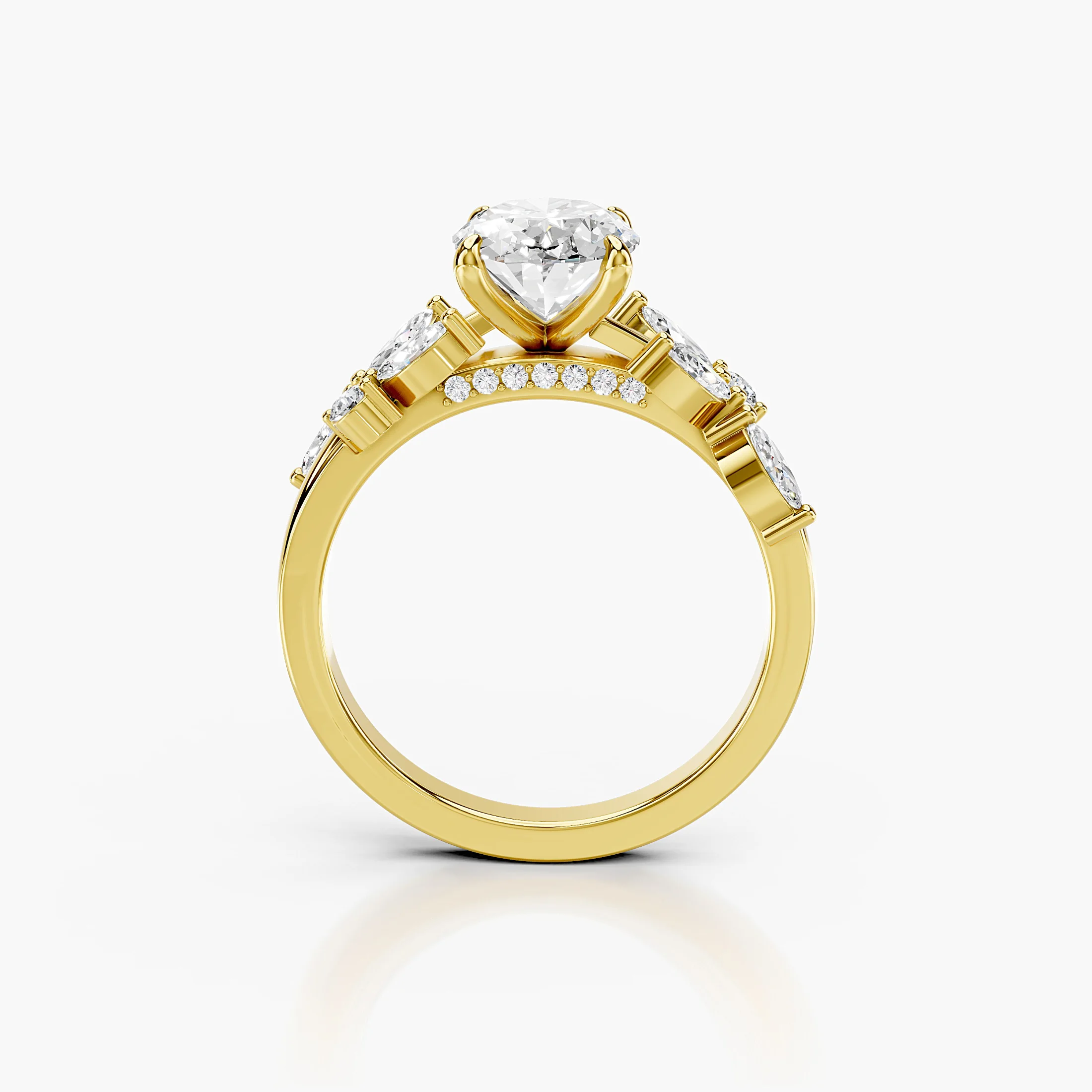 Oval diamond ring with marquise and round diamond leaf accents on an open vine-inspired band.
