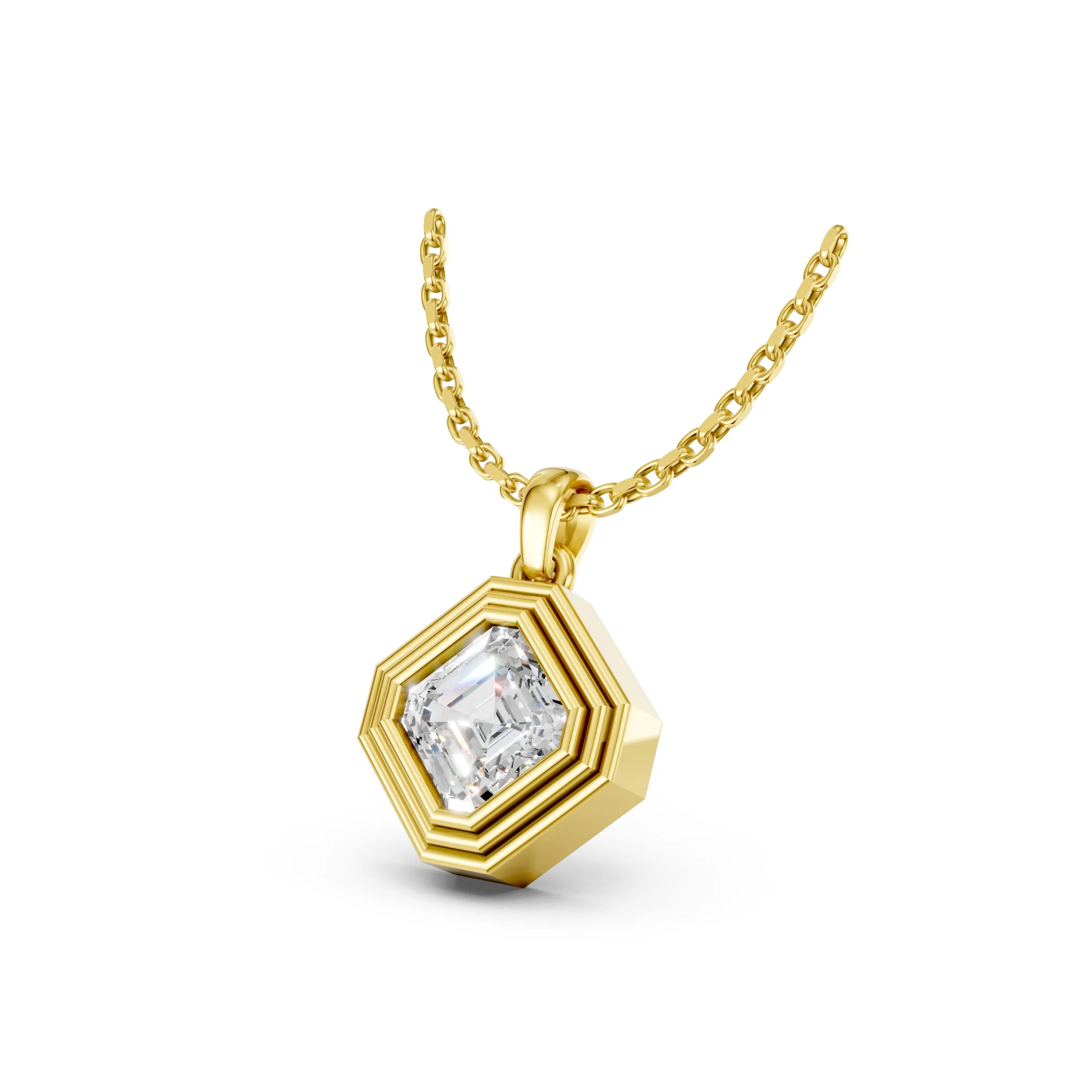 Asscher-cut diamond pendant necklace with a full bezel setting, layered geometric frame and polished bail.