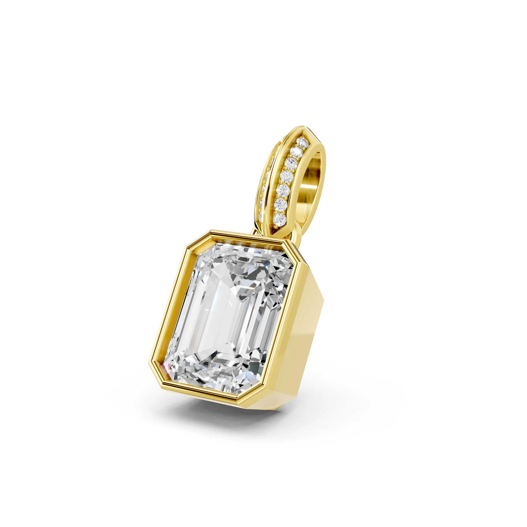Emerald-cut diamond pendant with a geometric bezel frame and split pavé diamond bail.
