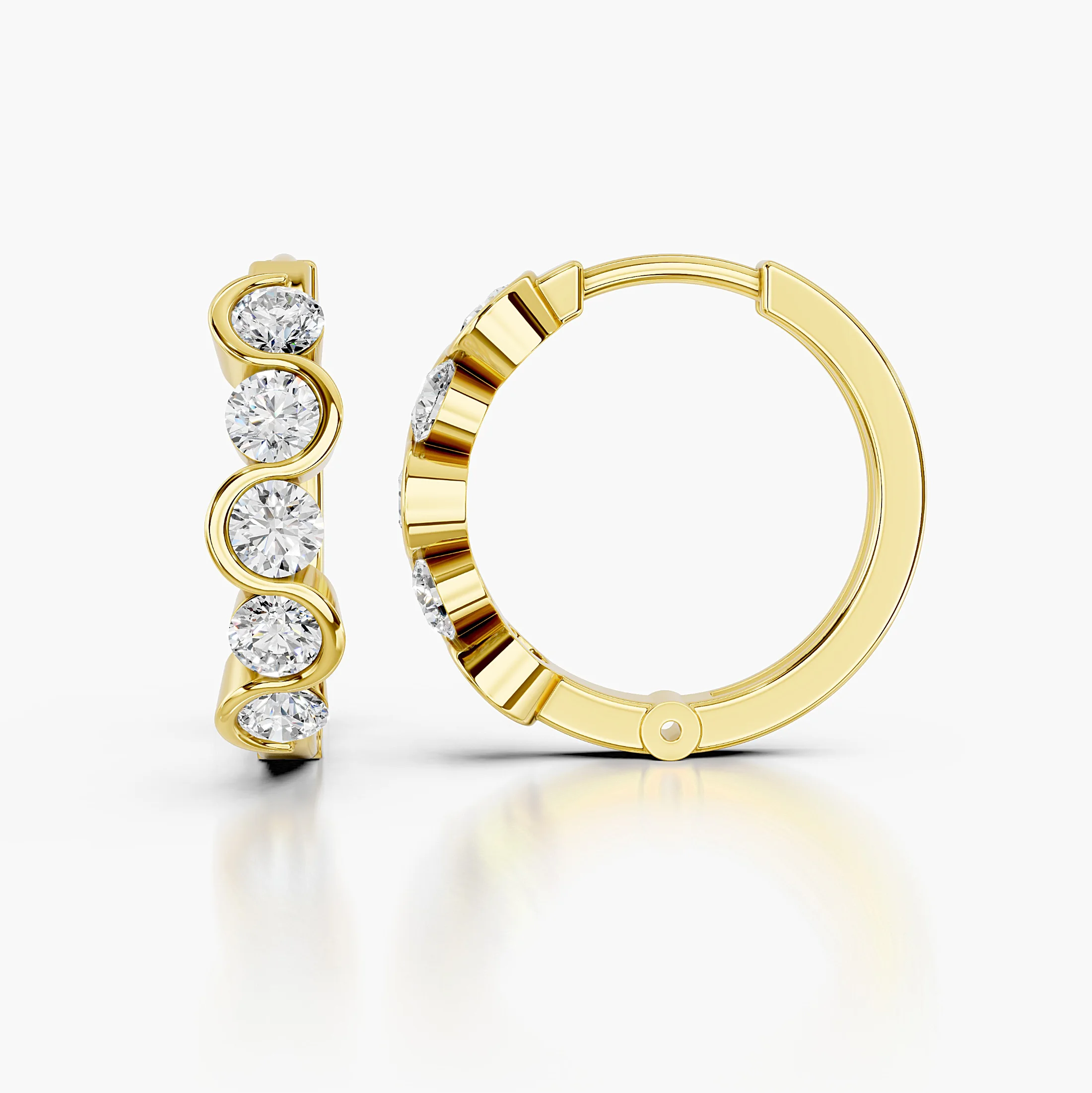 Pair of round diamond hoop earrings with flowing partial-bezel curves and a polished sculpted profile.