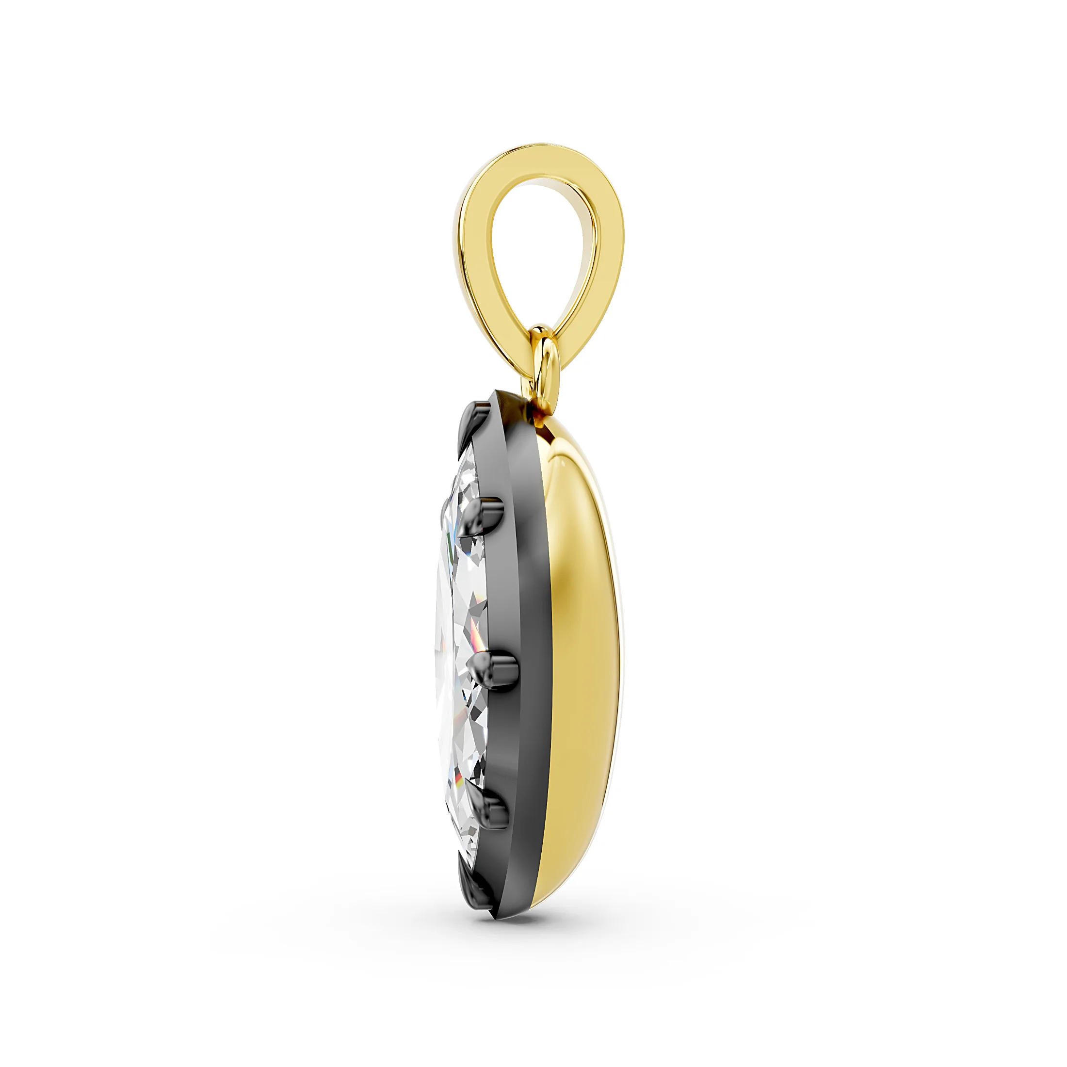 Marquise solitaire diamond necklace featuring a dark contrasting frame and polished tapered bail.