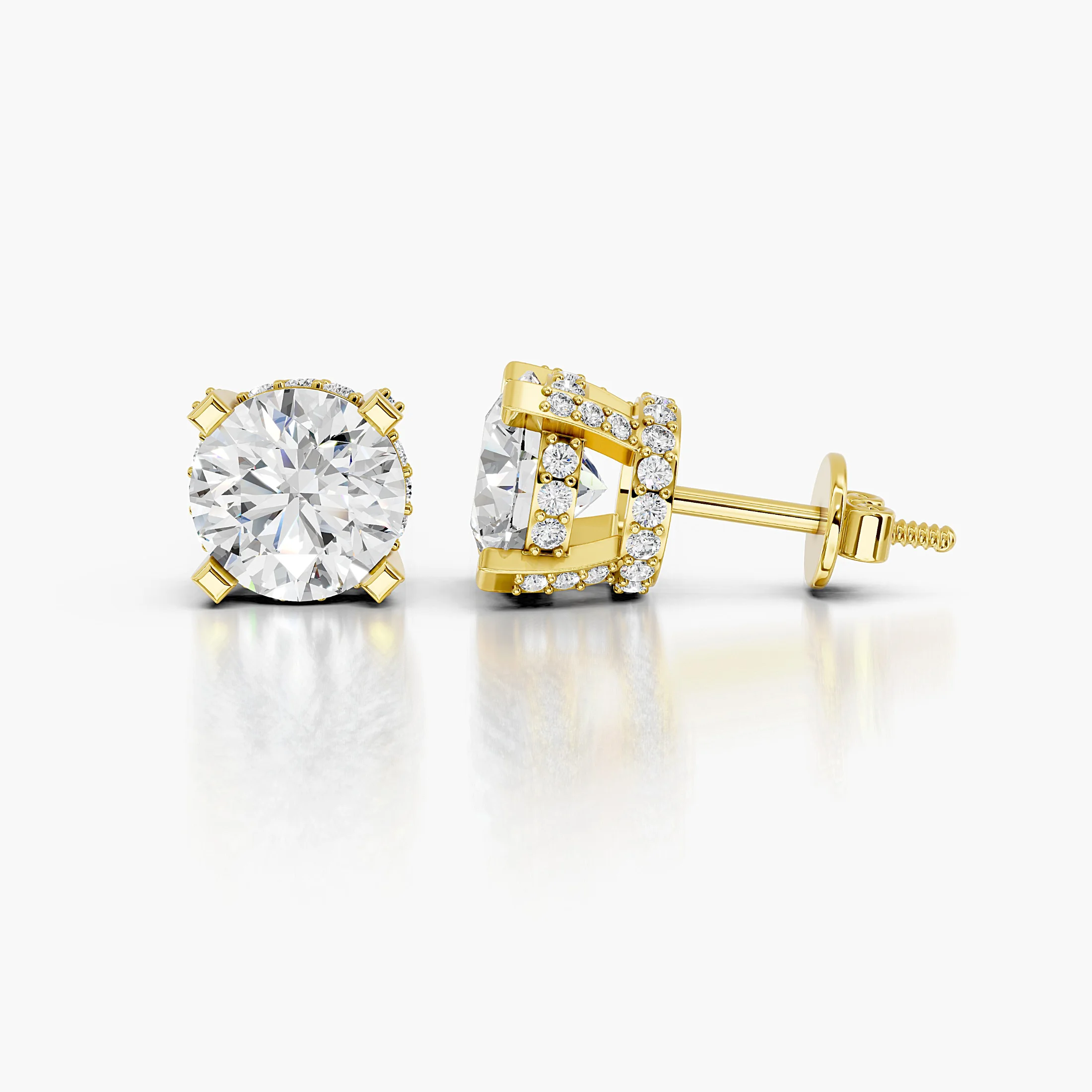 Round diamond stud earrings with square-tipped prongs and sparkling double hidden halos.