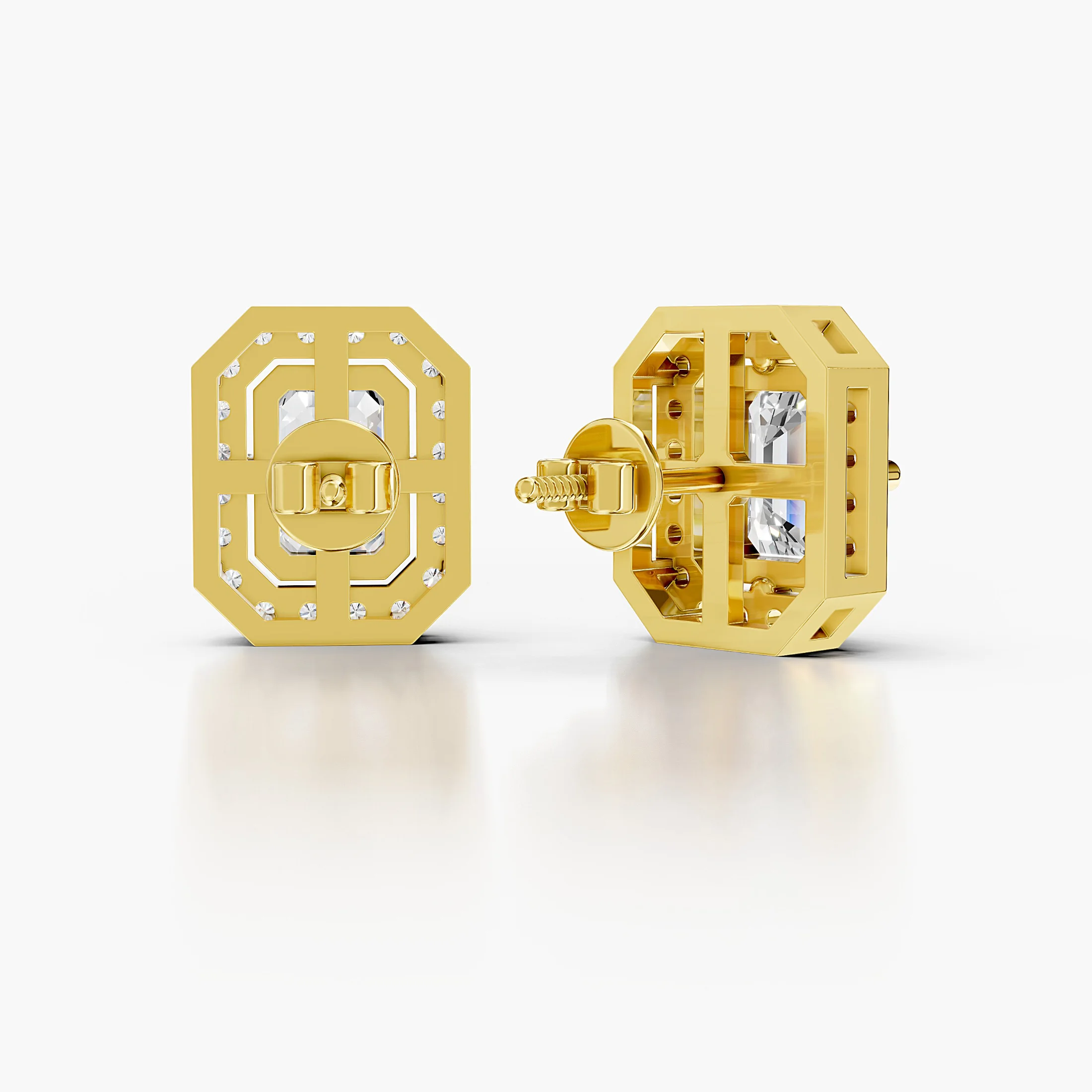 Emerald diamond stud earrings with geometric round diamond halos and screw-back closures