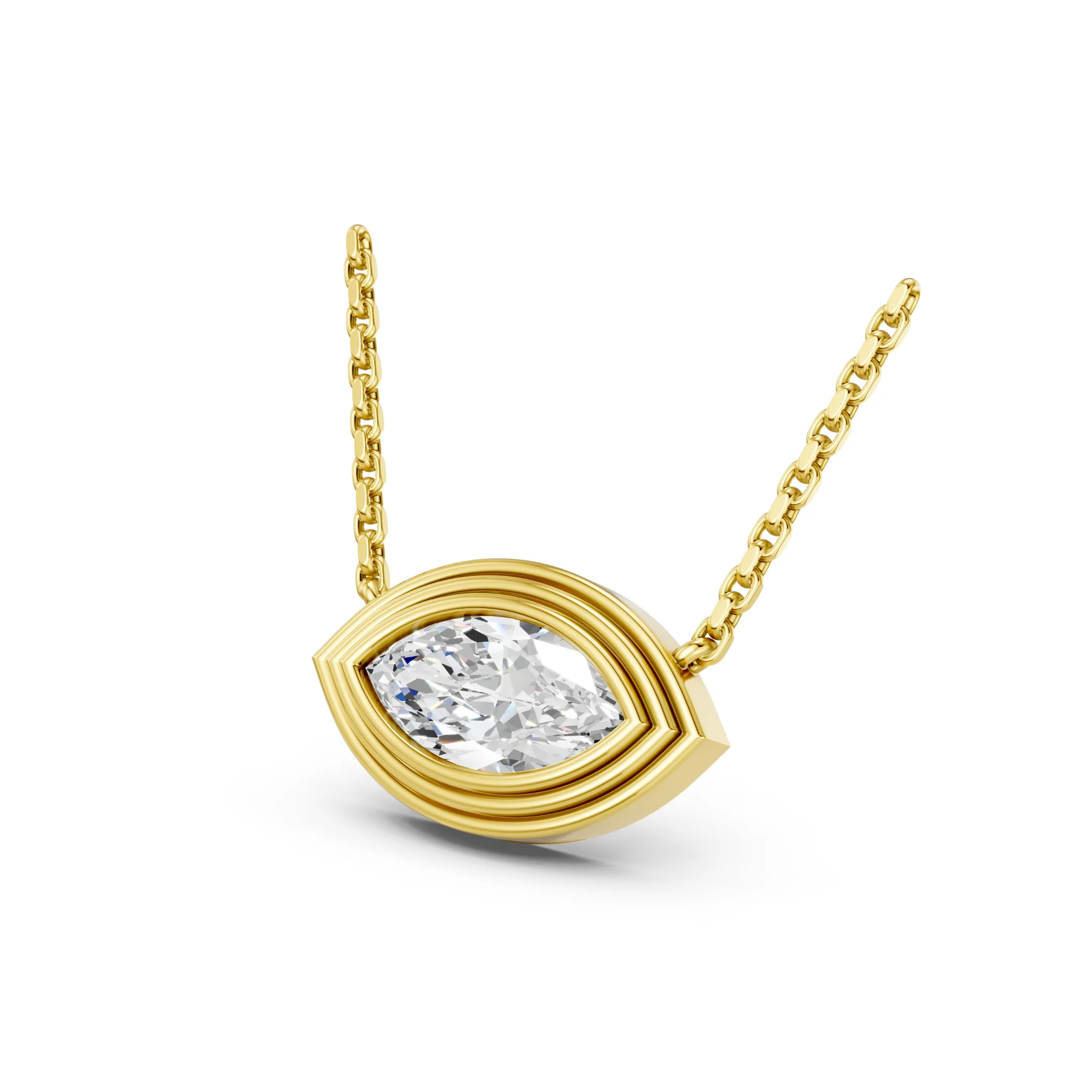 East-west marquise solitaire diamond necklace with a full bezel setting, layered frame and direct chain connections.
