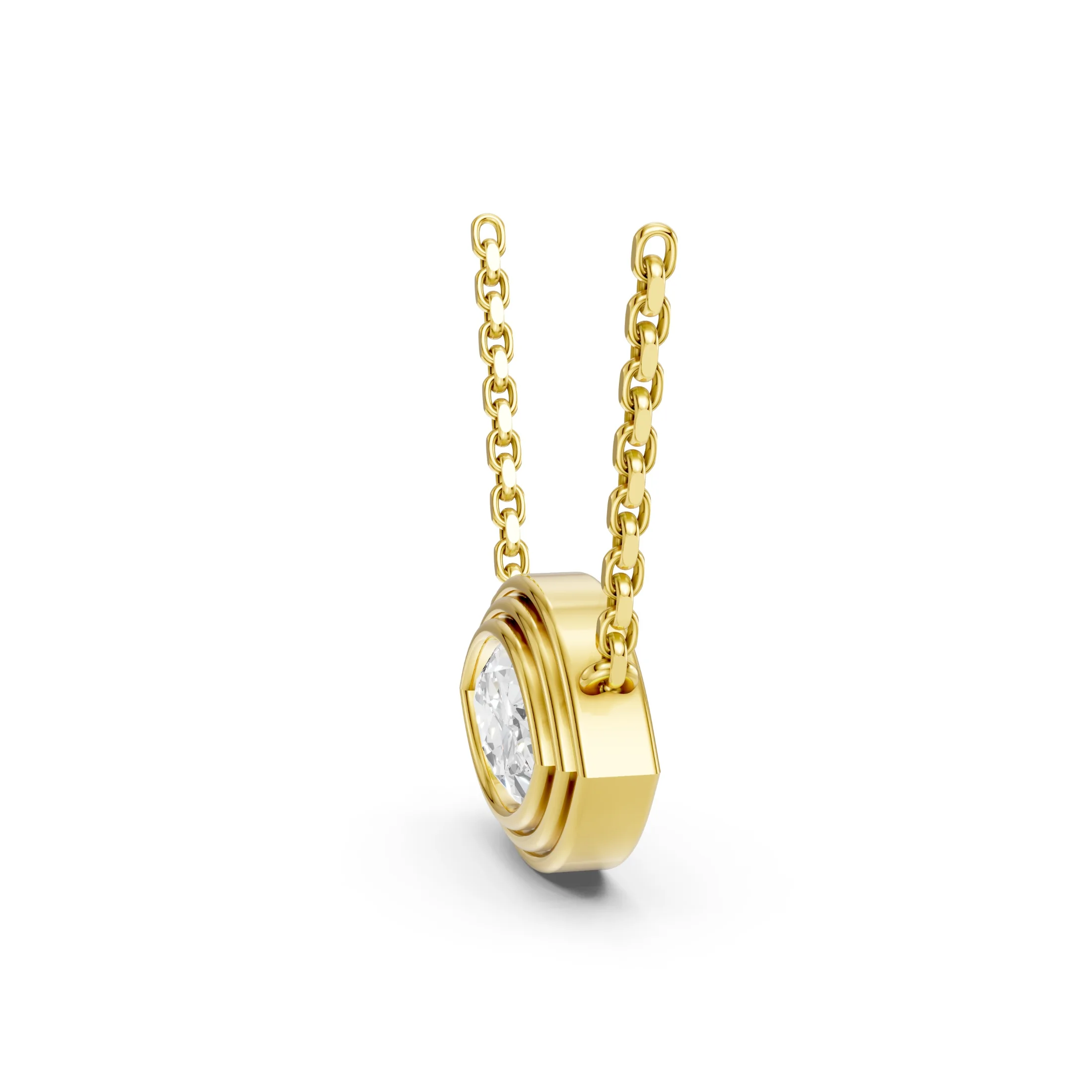 East-west marquise solitaire diamond necklace with a full bezel setting, layered frame and direct chain connections.