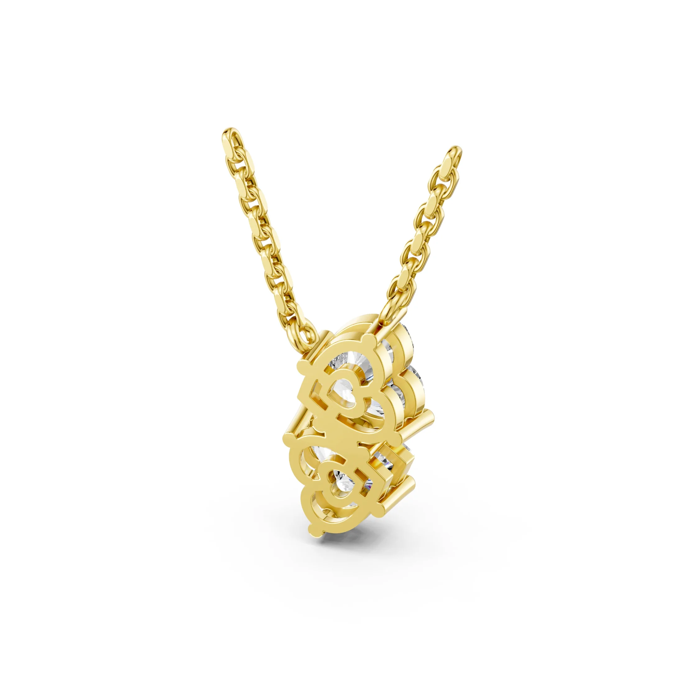 Two heart-cut diamond drop necklace with vertically arranged three-prong settings.