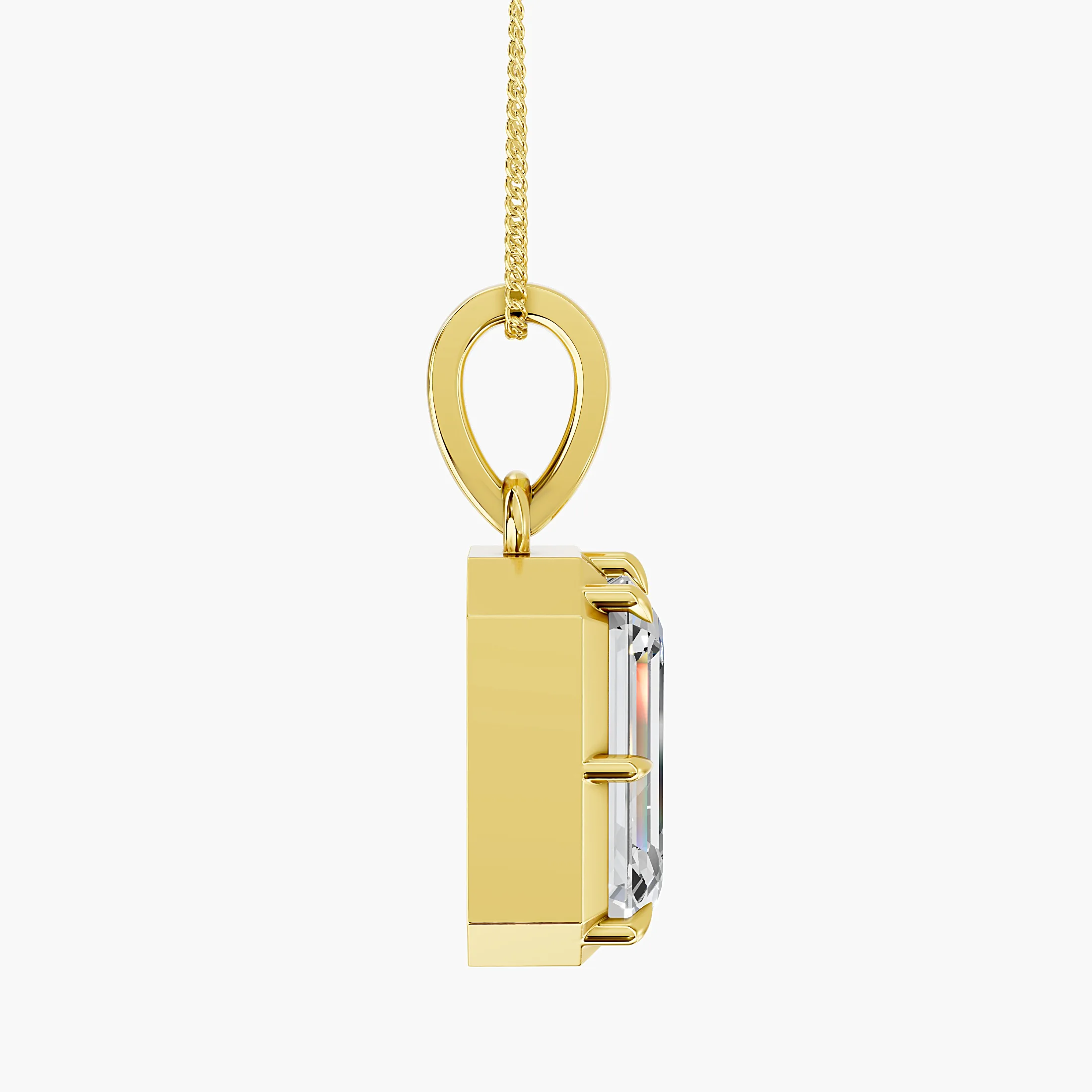 Emerald-cut solitaire diamond pendant necklace with an eight-prong geometric frame and tapered bail.
