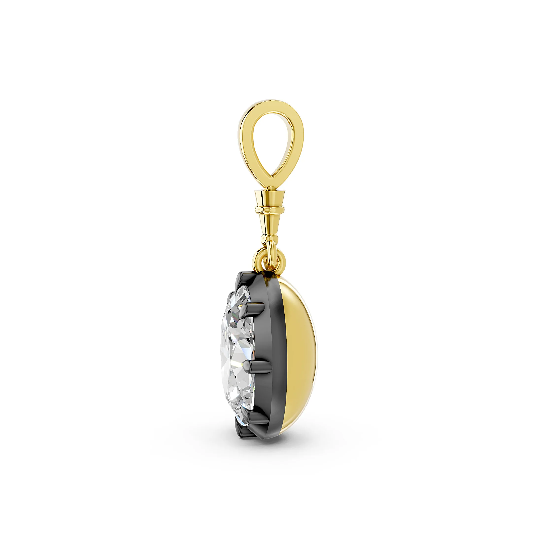 Oval solitaire diamond pendant with eight sculpted prongs, a contrasting frame and tapered articulated bail.