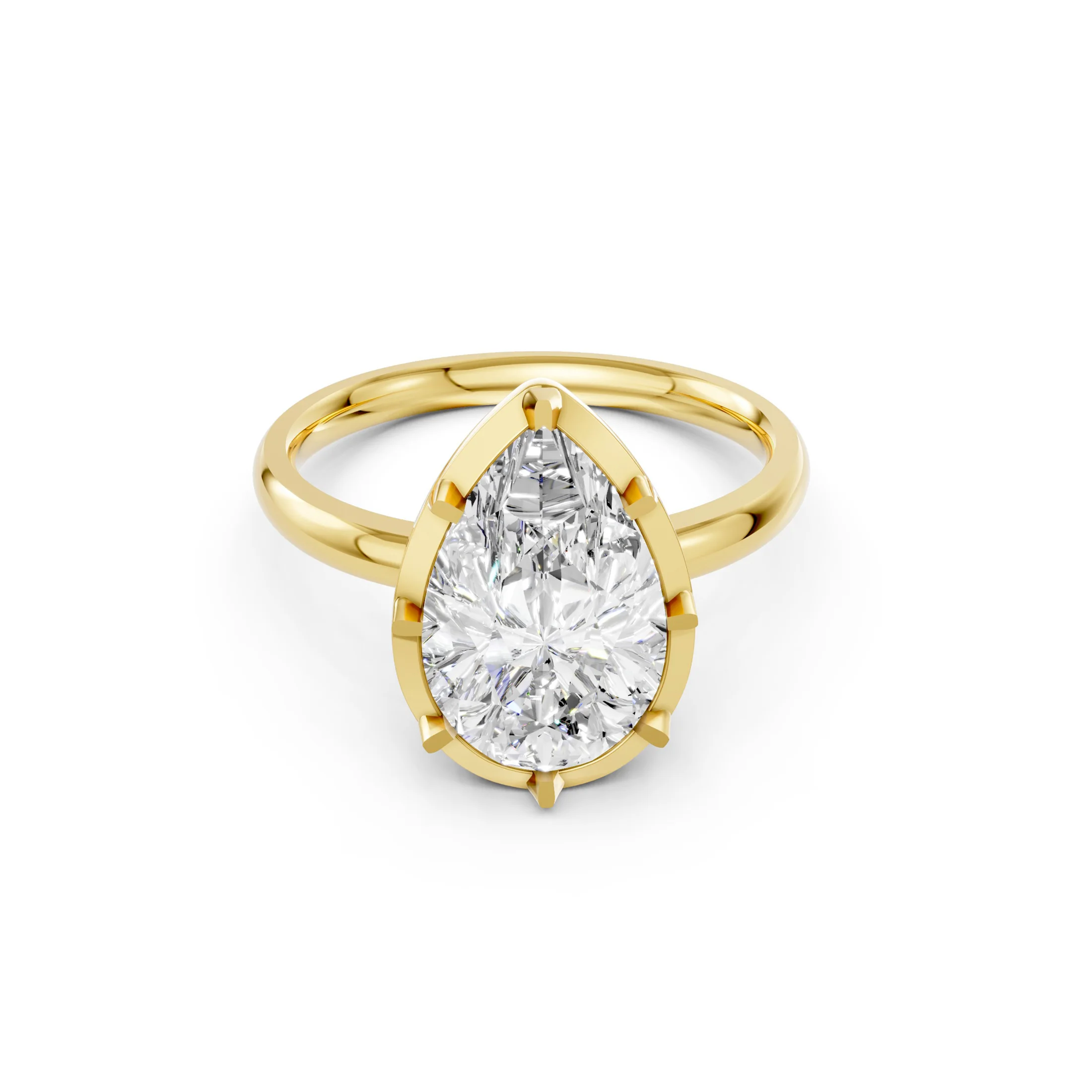 Pear-cut diamond solitaire ring with a sculpted six-prong setting and sweeping band.