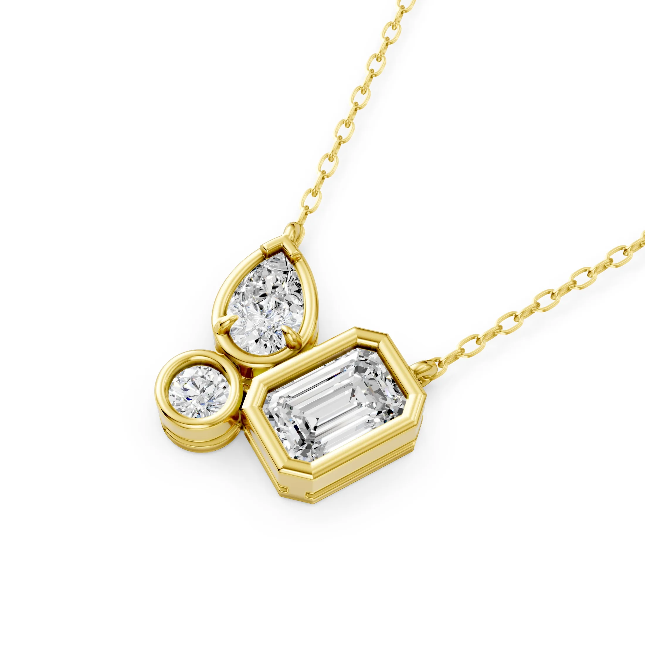 Pear, emerald and round-cut three-diamond necklace with an asymmetrical multi-stone cluster design