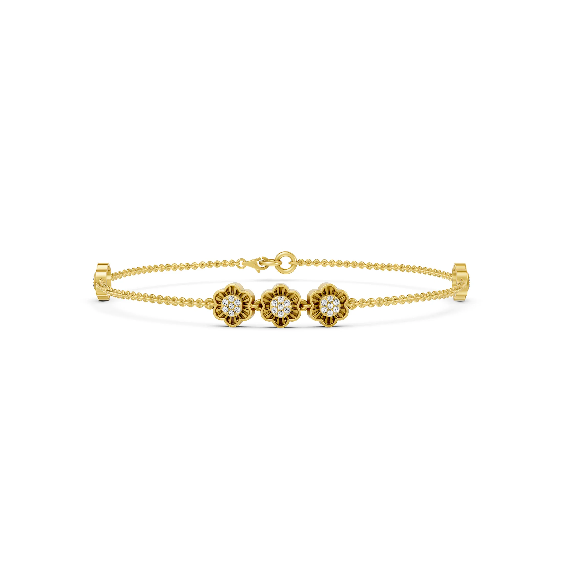 Delicate chain bracelet with five flower motifs and round-diamond clusters