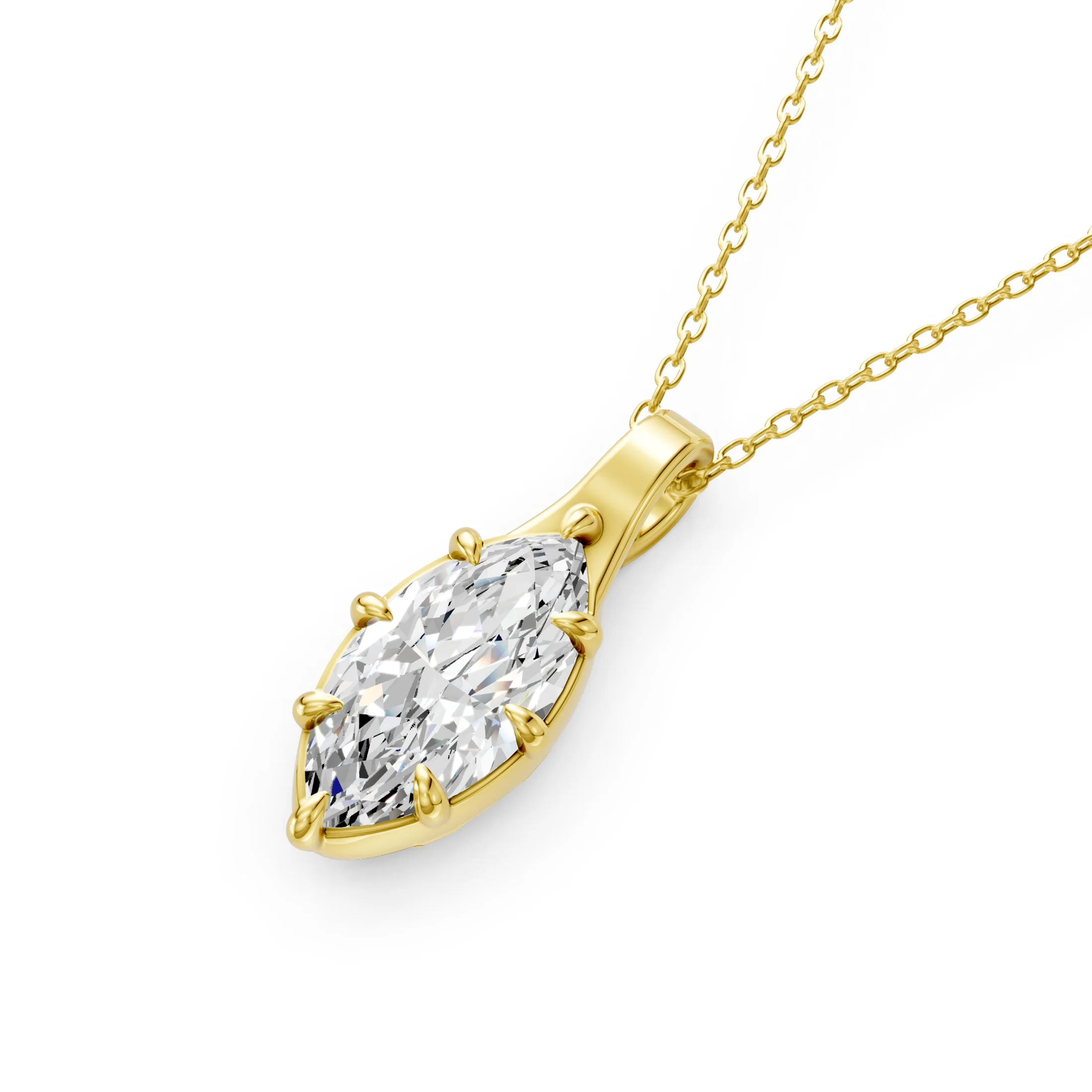 Marquise solitaire diamond pendant necklace with an eight-prong setting and tapered polished bail.